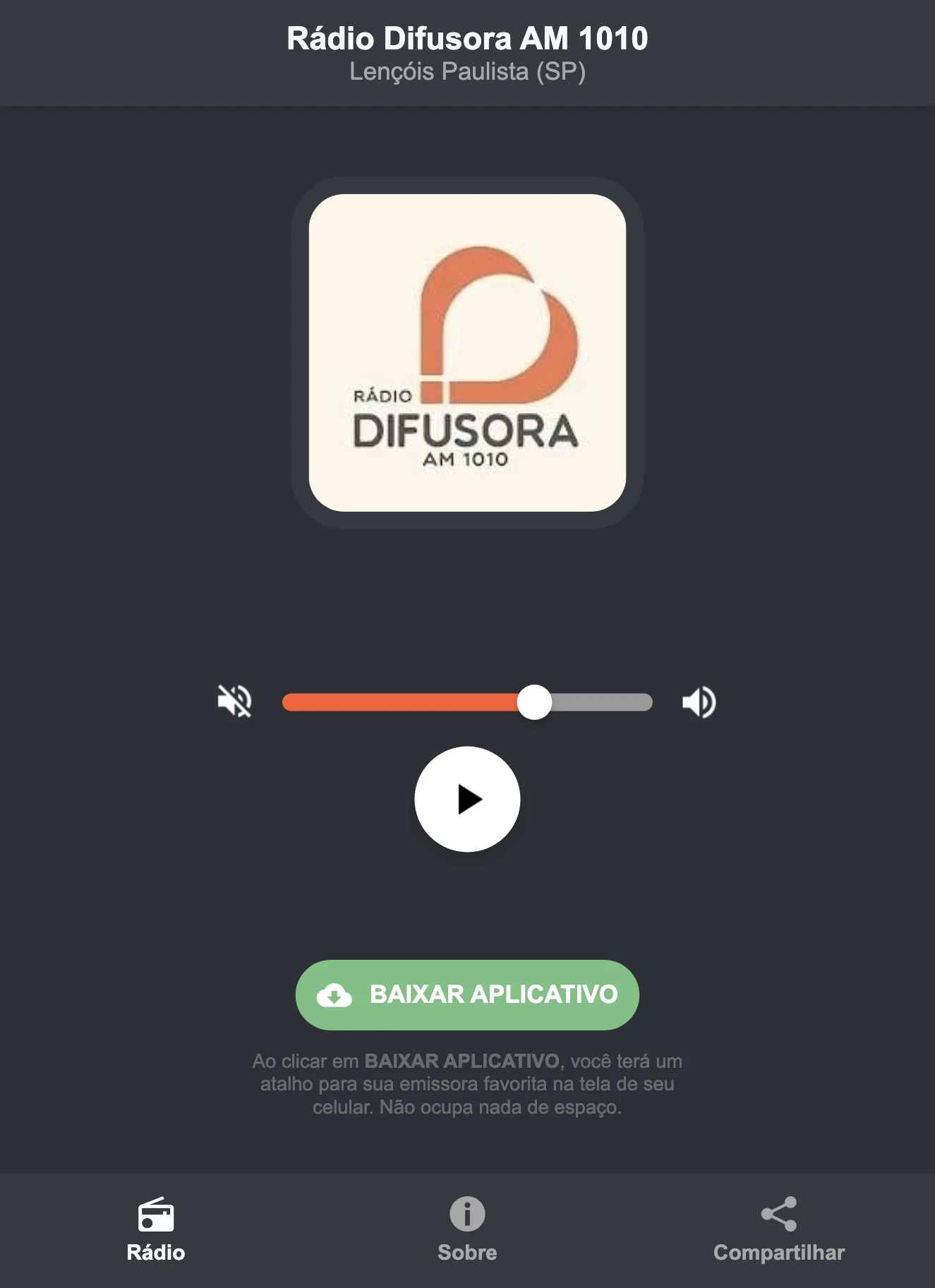 Screenshot do aplicativo da Rádio Difusora AM 1010
