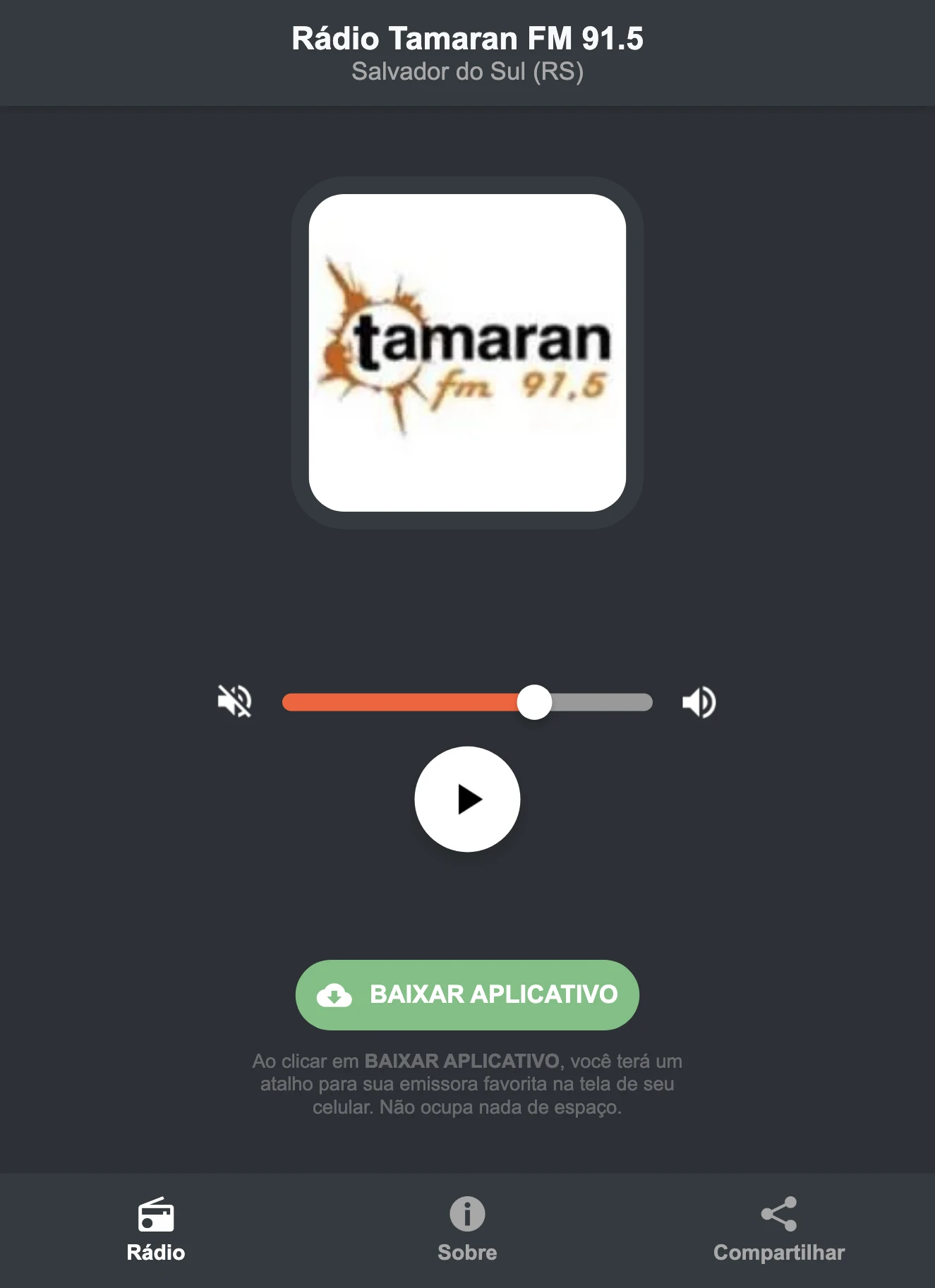 Screenshot do aplicativo da Rádio Tamaran FM 91.5