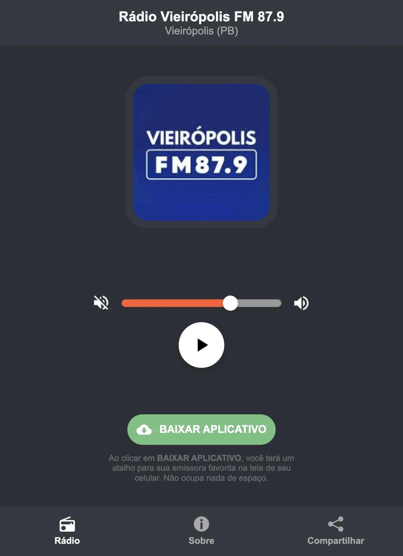 Screenshot do aplicativo da Rádio Vieirópolis FM 87.9