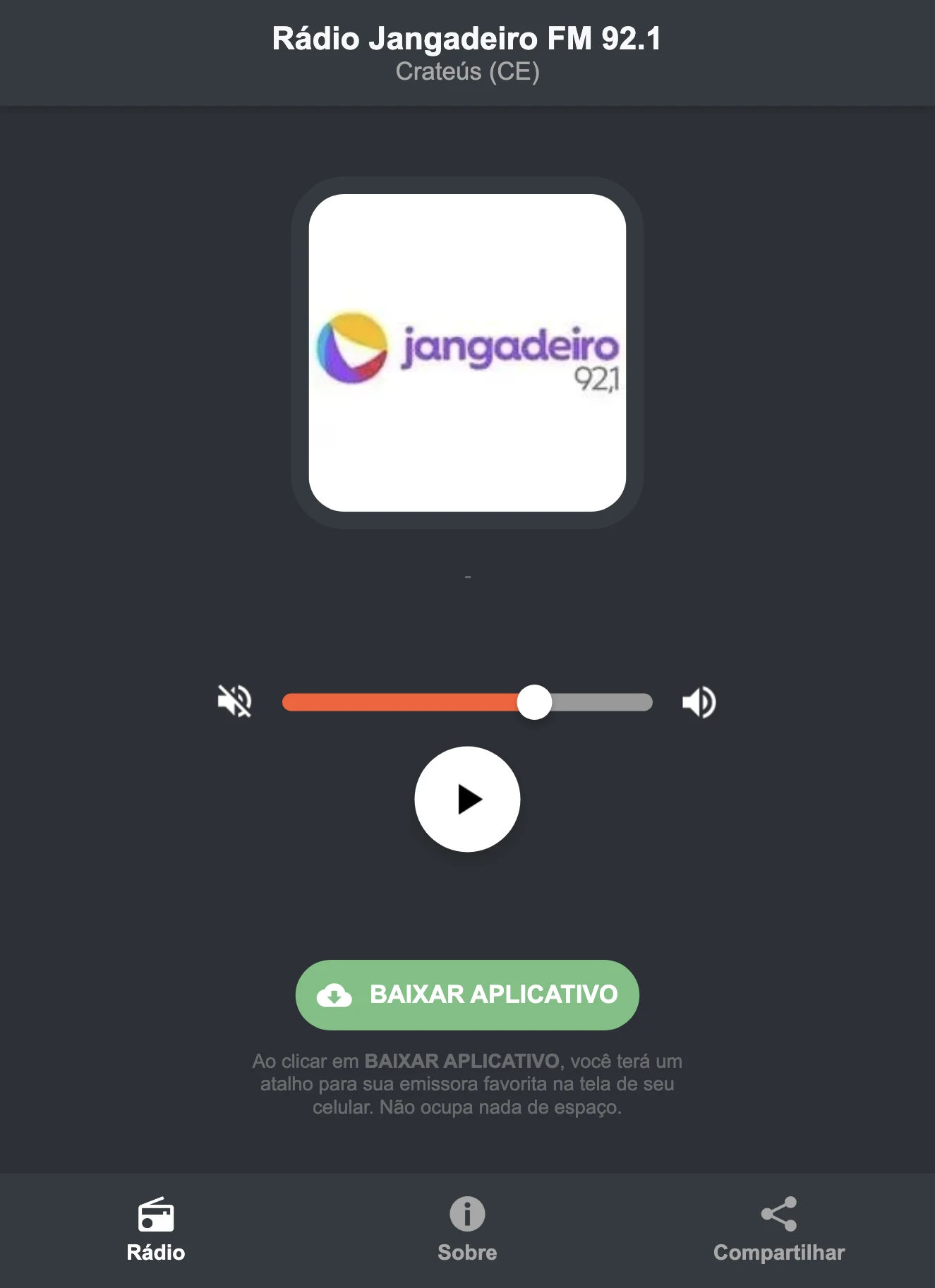 Screenshot do aplicativo da Rádio Jangadeiro FM 92.1