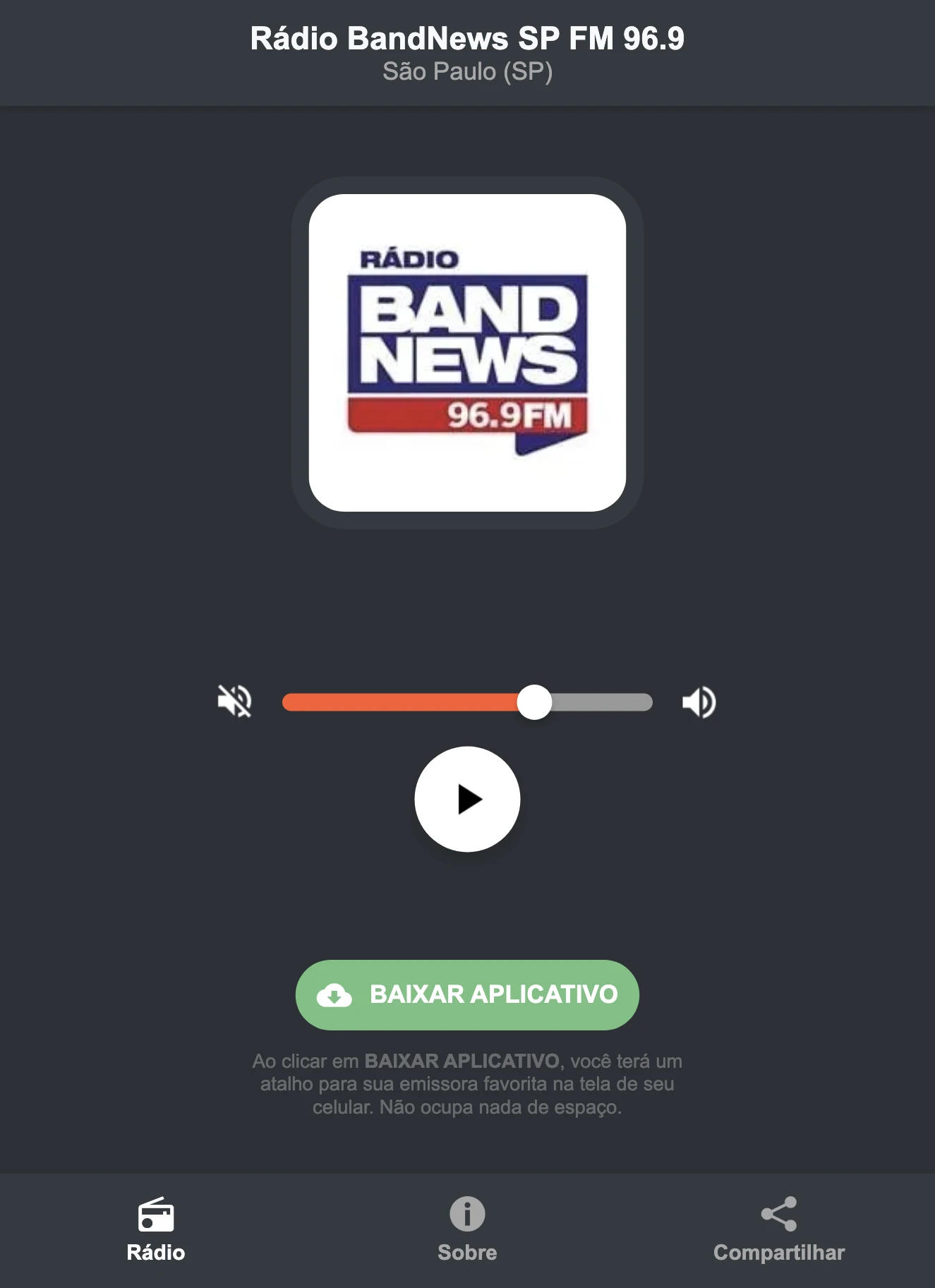 Screenshot do aplicativo da Rádio BandNews SP FM 96.9