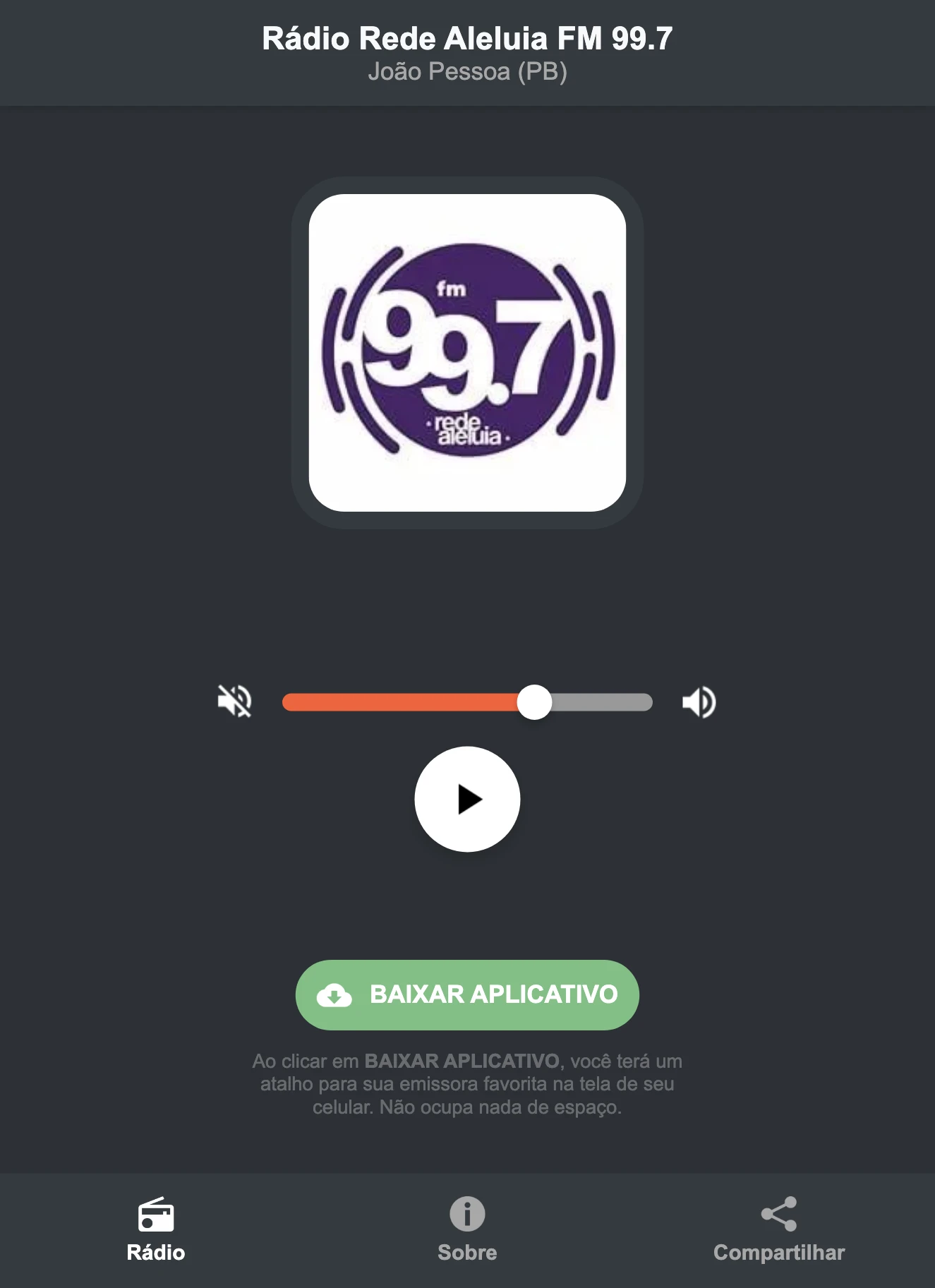 Screenshot do aplicativo da Rádio Rede Aleluia FM 99.7