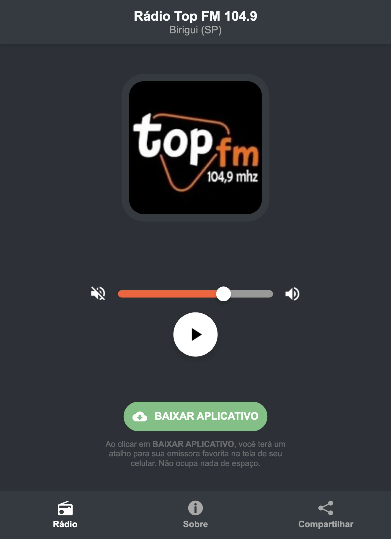 Screenshot do aplicativo da Rádio Top FM 104.9