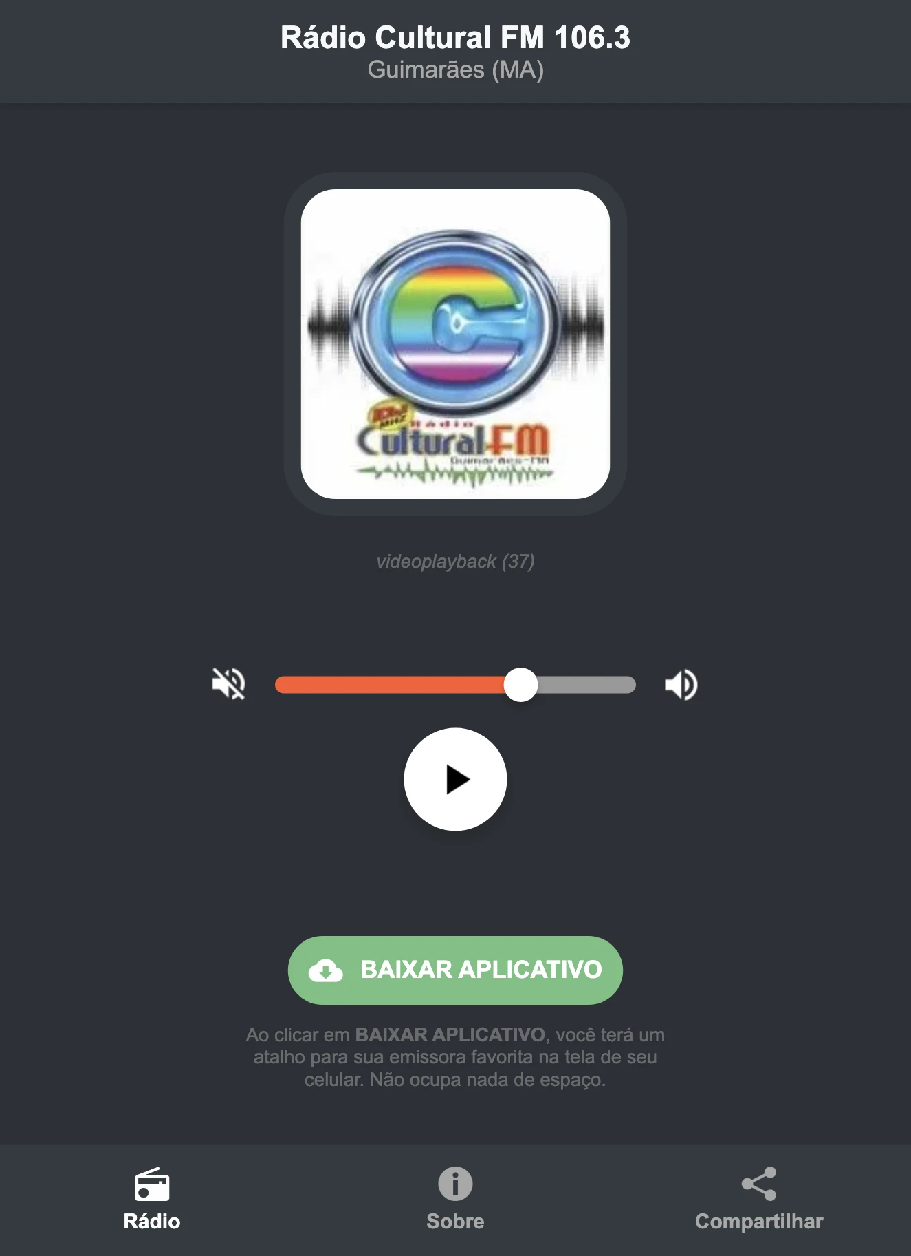 Screenshot do aplicativo da Rádio Cultural FM 106.3