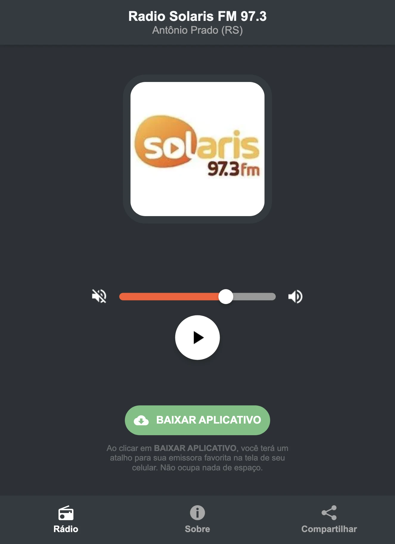 Screenshot do aplicativo da Radio Solaris FM 97.3