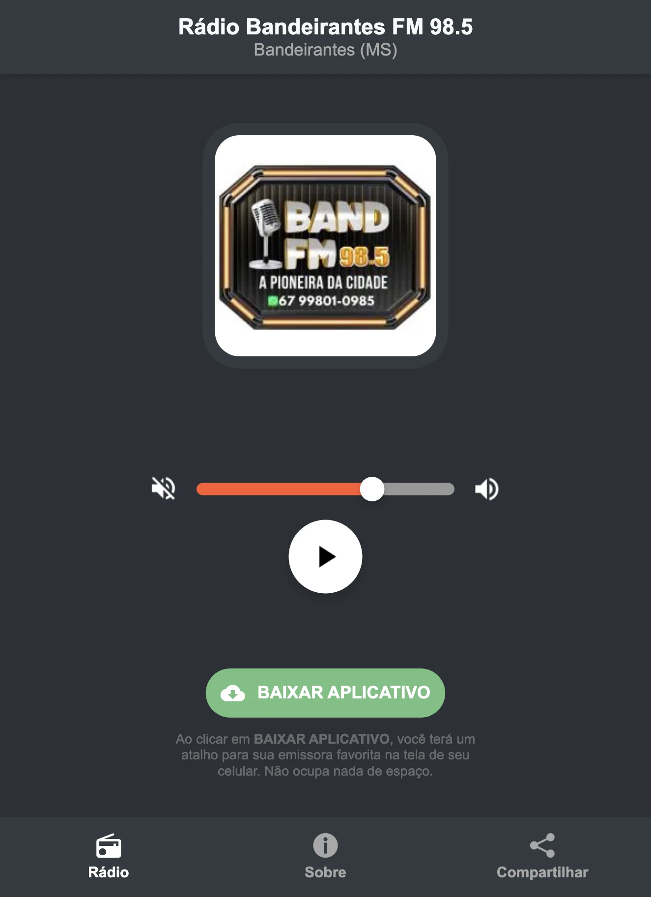 Screenshot do aplicativo da Rádio Bandeirantes FM 98.5