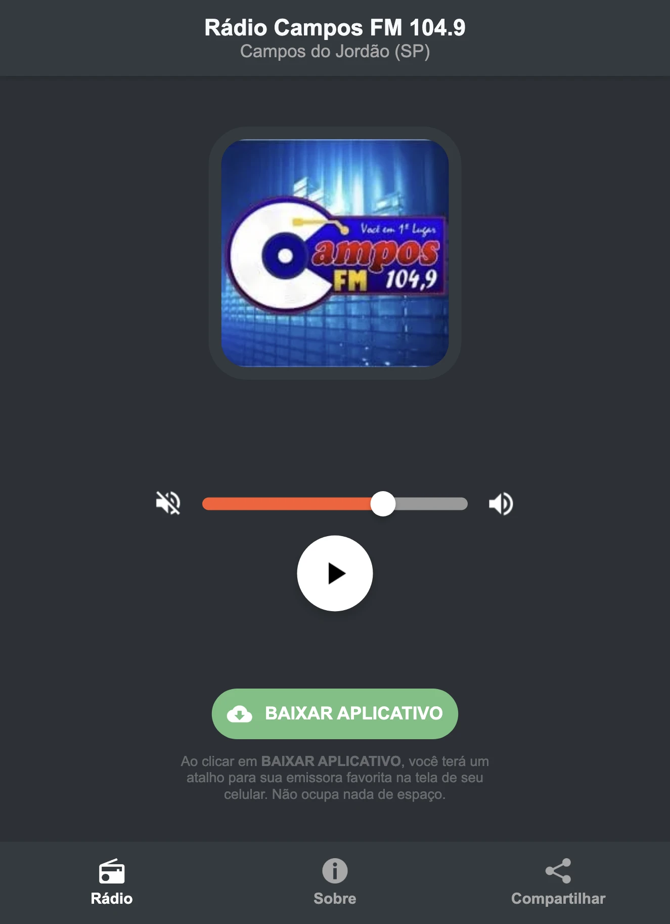 Screenshot do aplicativo da Rádio Campos FM 104.9