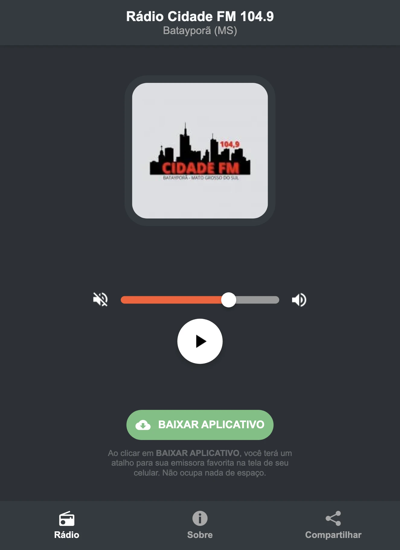 Screenshot do aplicativo da Rádio Cidade FM 104.9