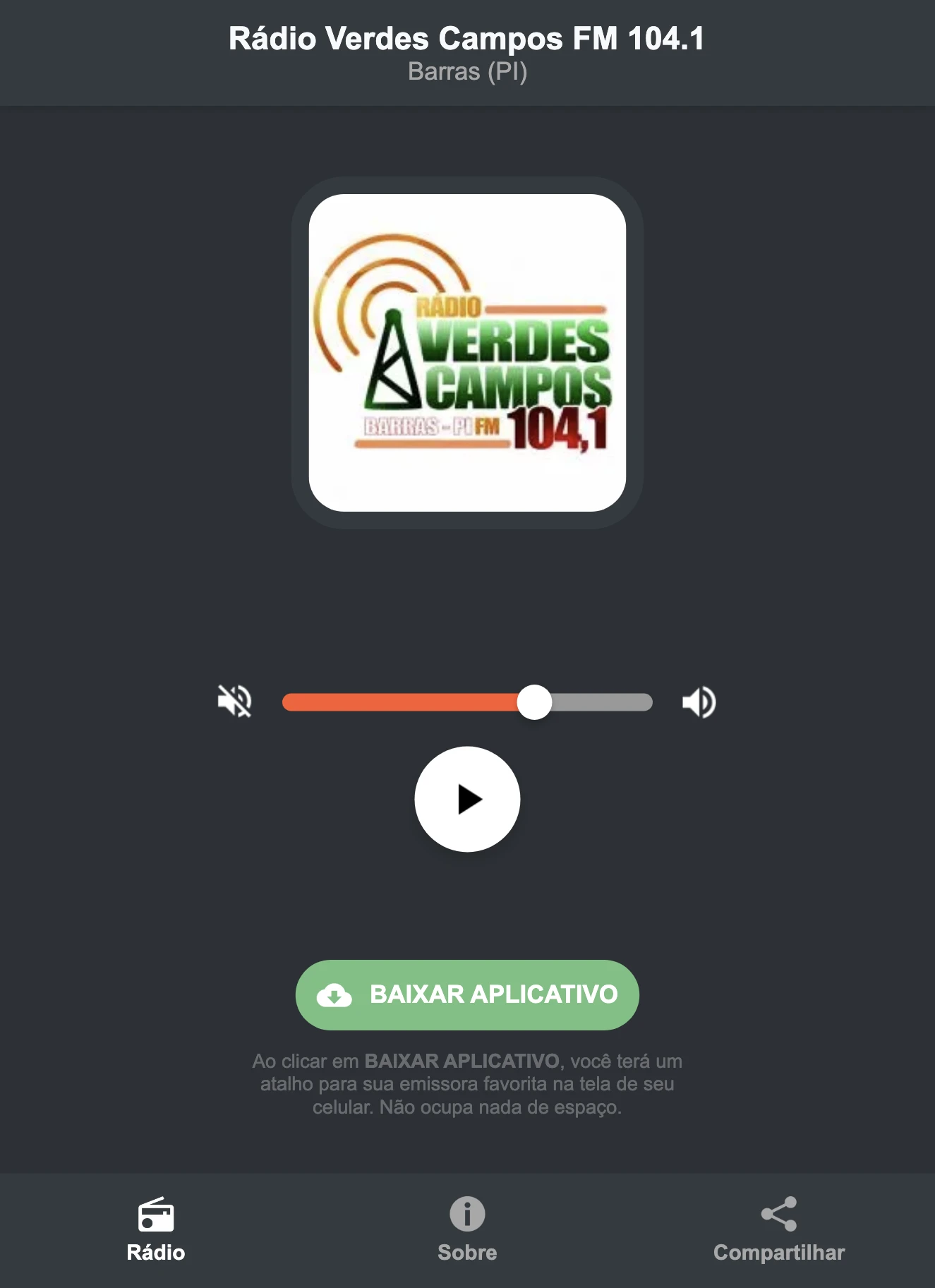 Screenshot do aplicativo da Rádio Verdes Campos FM 104.1