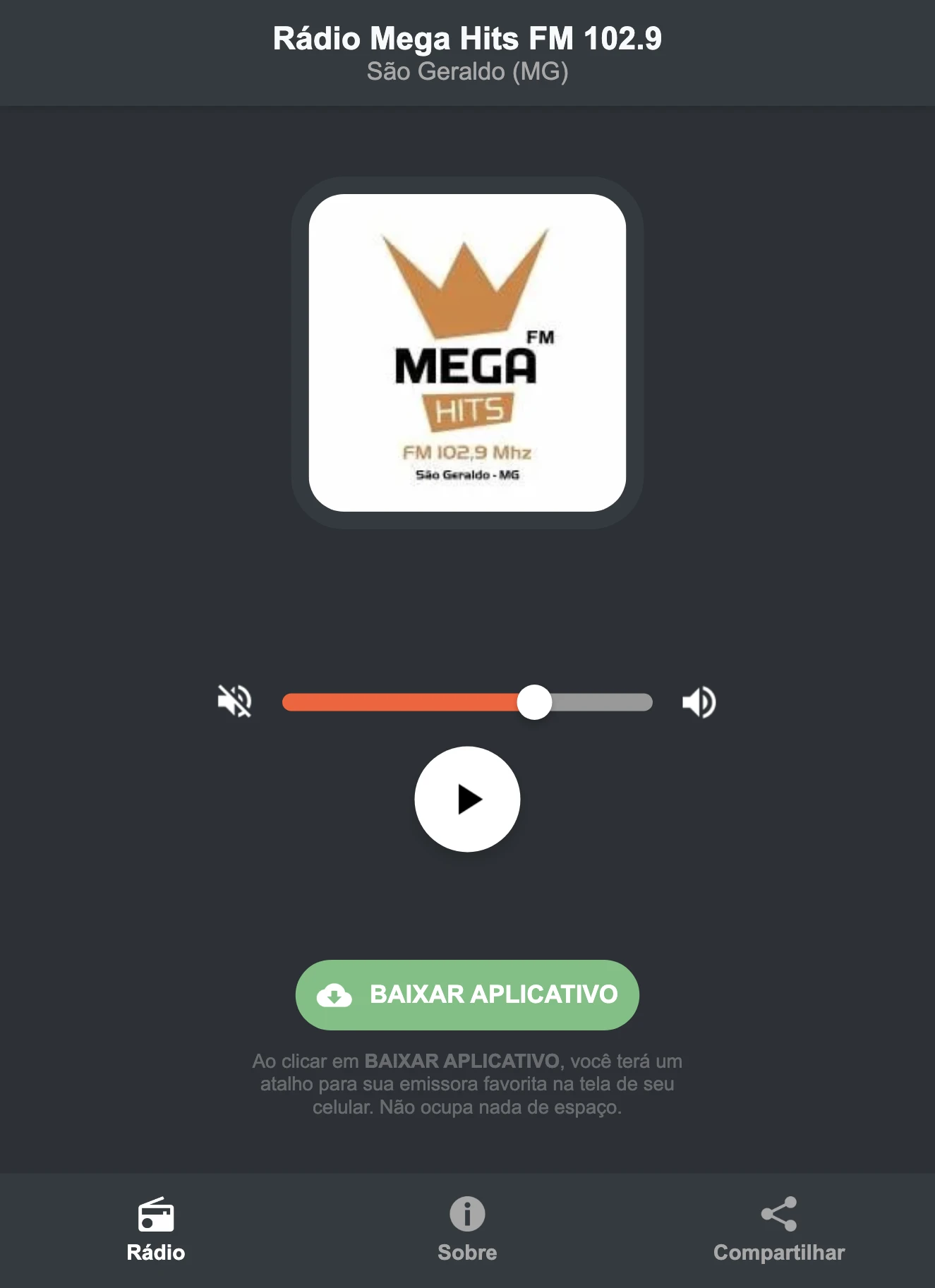 Screenshot do aplicativo da Rádio Mega Hits FM 102.9