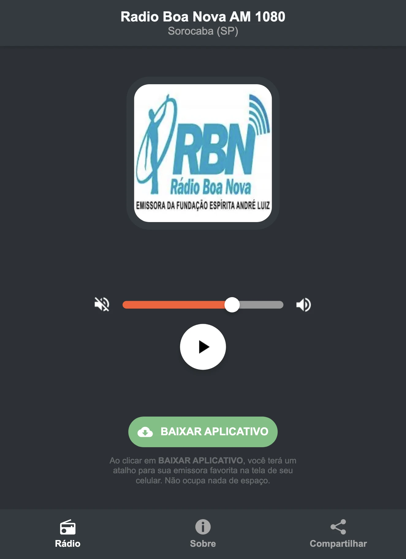 Screenshot do aplicativo da Radio Boa Nova AM 1080