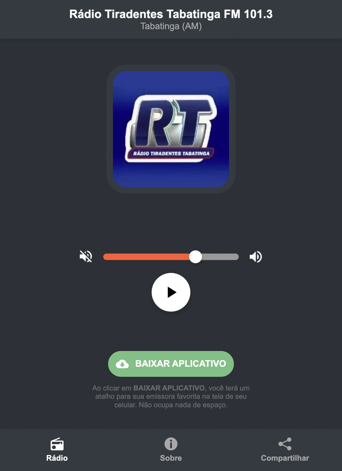 Screenshot do aplicativo da Rádio Tiradentes Tabatinga FM 101.3