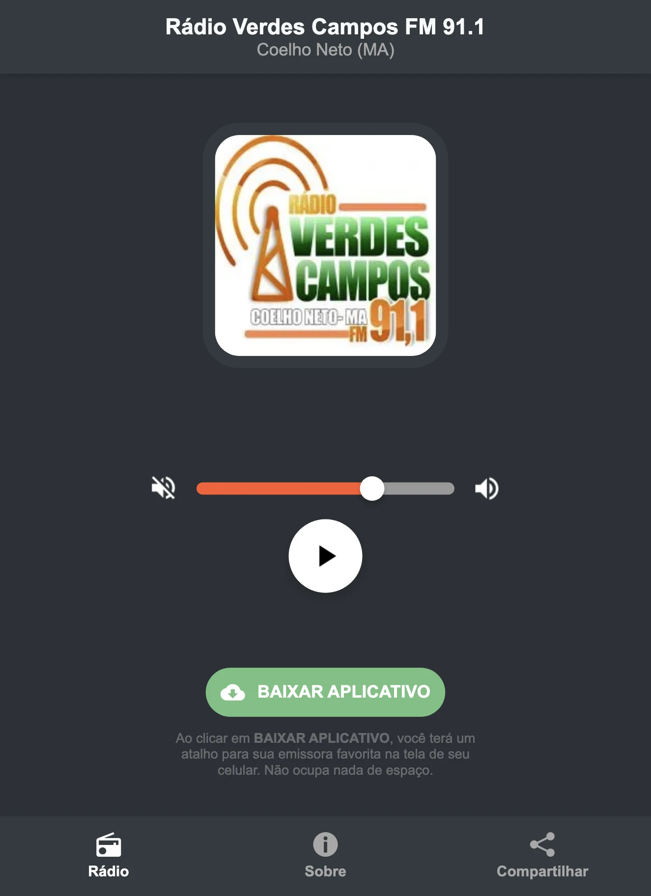 Screenshot do aplicativo da Rádio Verdes Campos FM 91.1