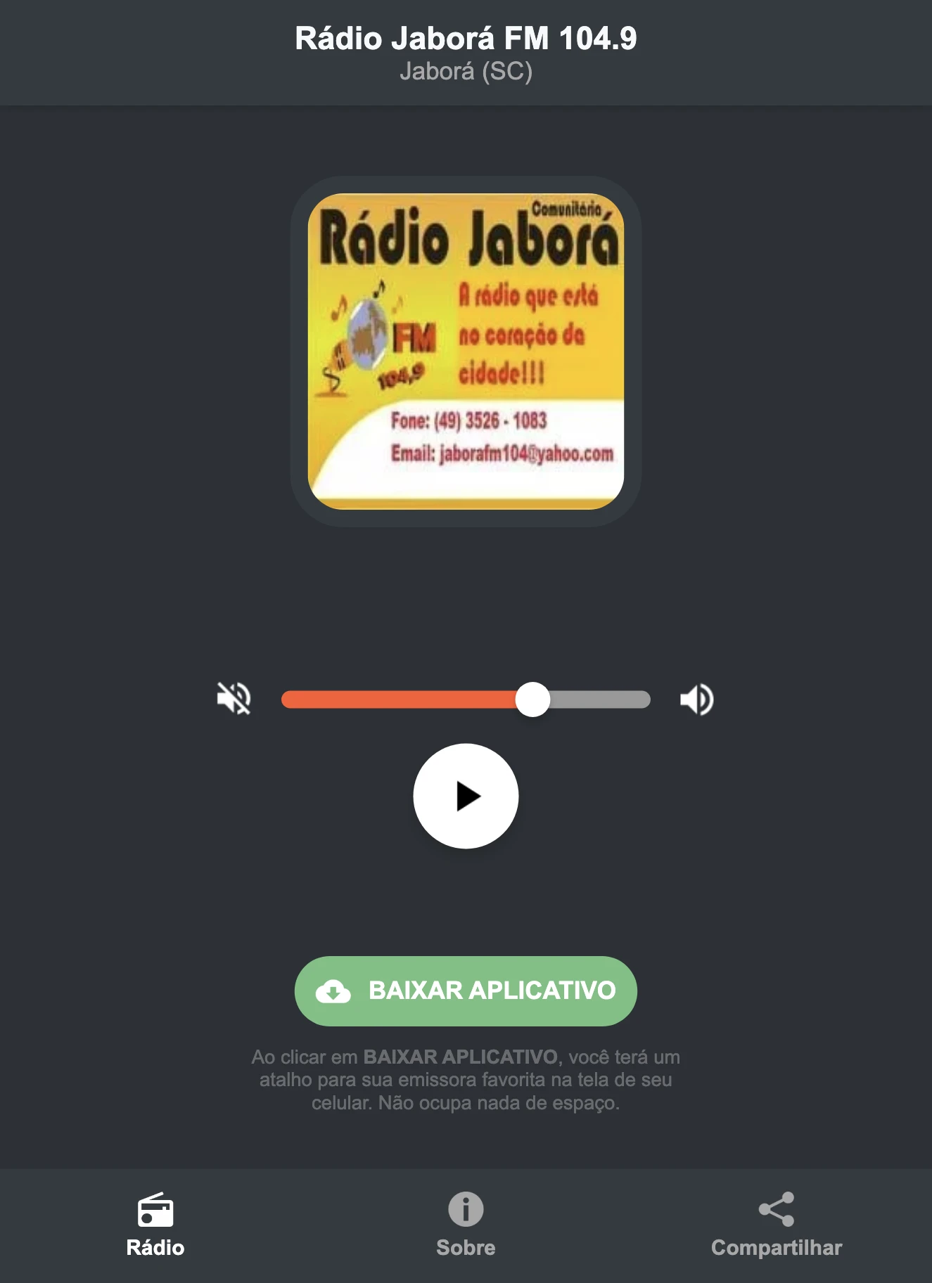 Screenshot do aplicativo da Rádio Jaborá FM 104.9