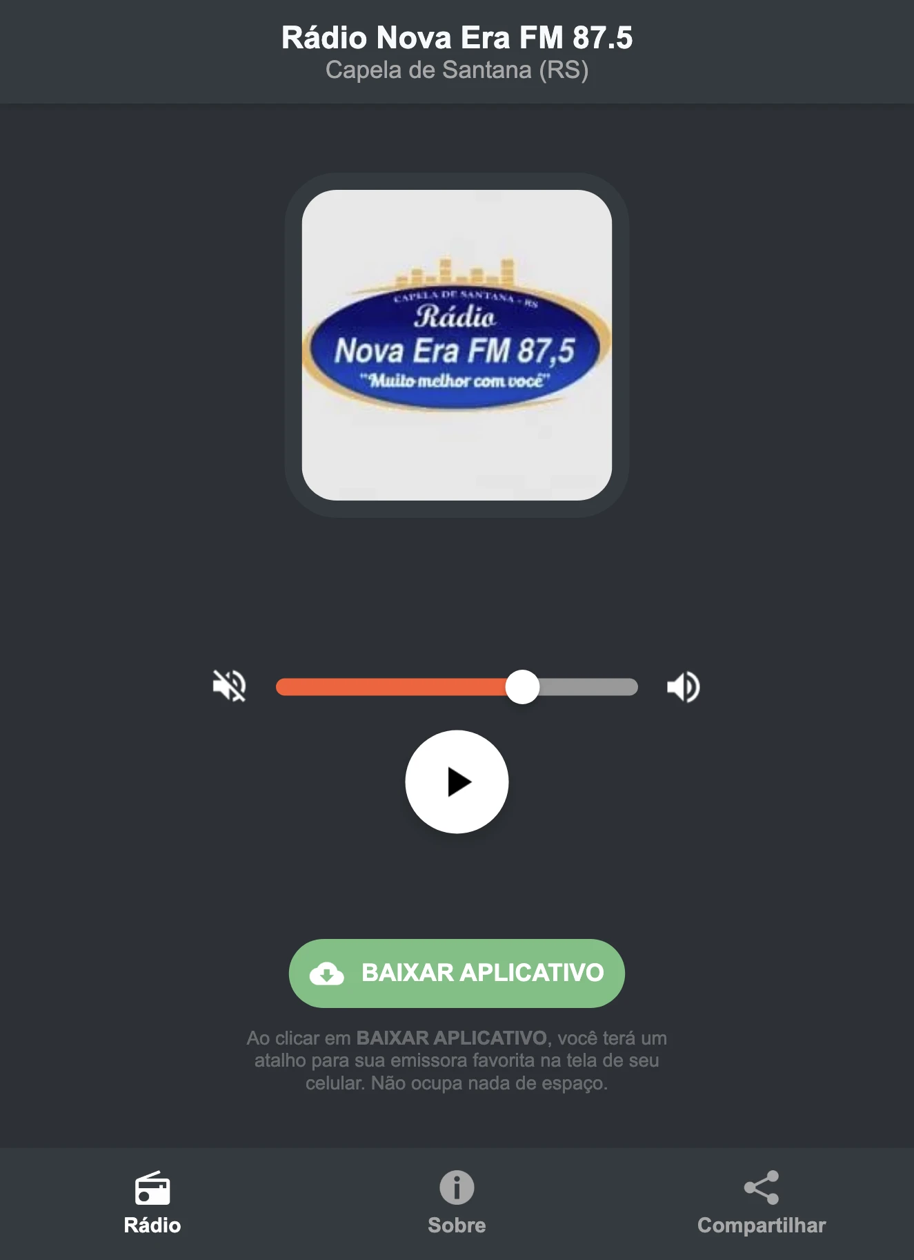 Screenshot do aplicativo da Rádio Nova Era FM 87.5