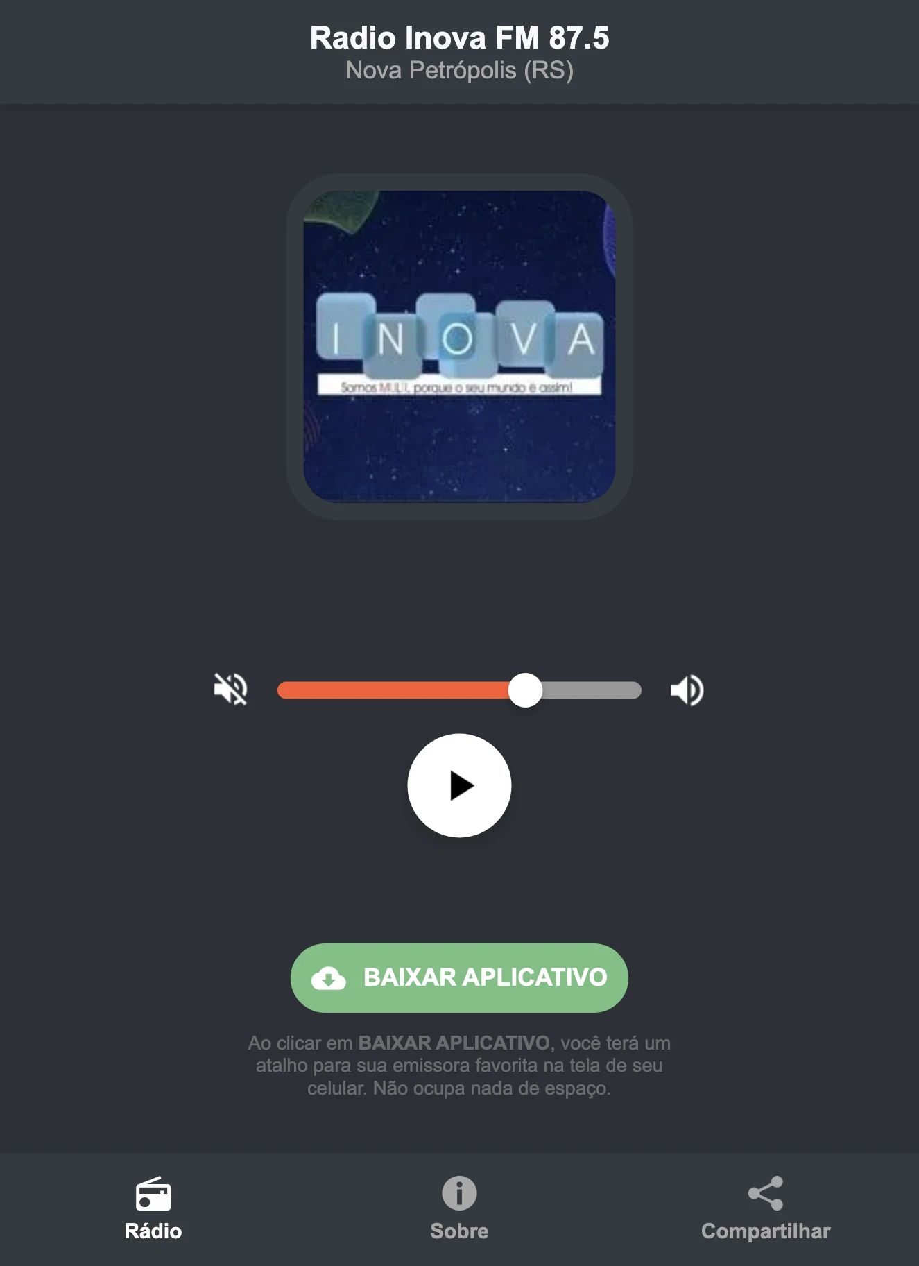 Screenshot do aplicativo da Radio Inova FM 87.5