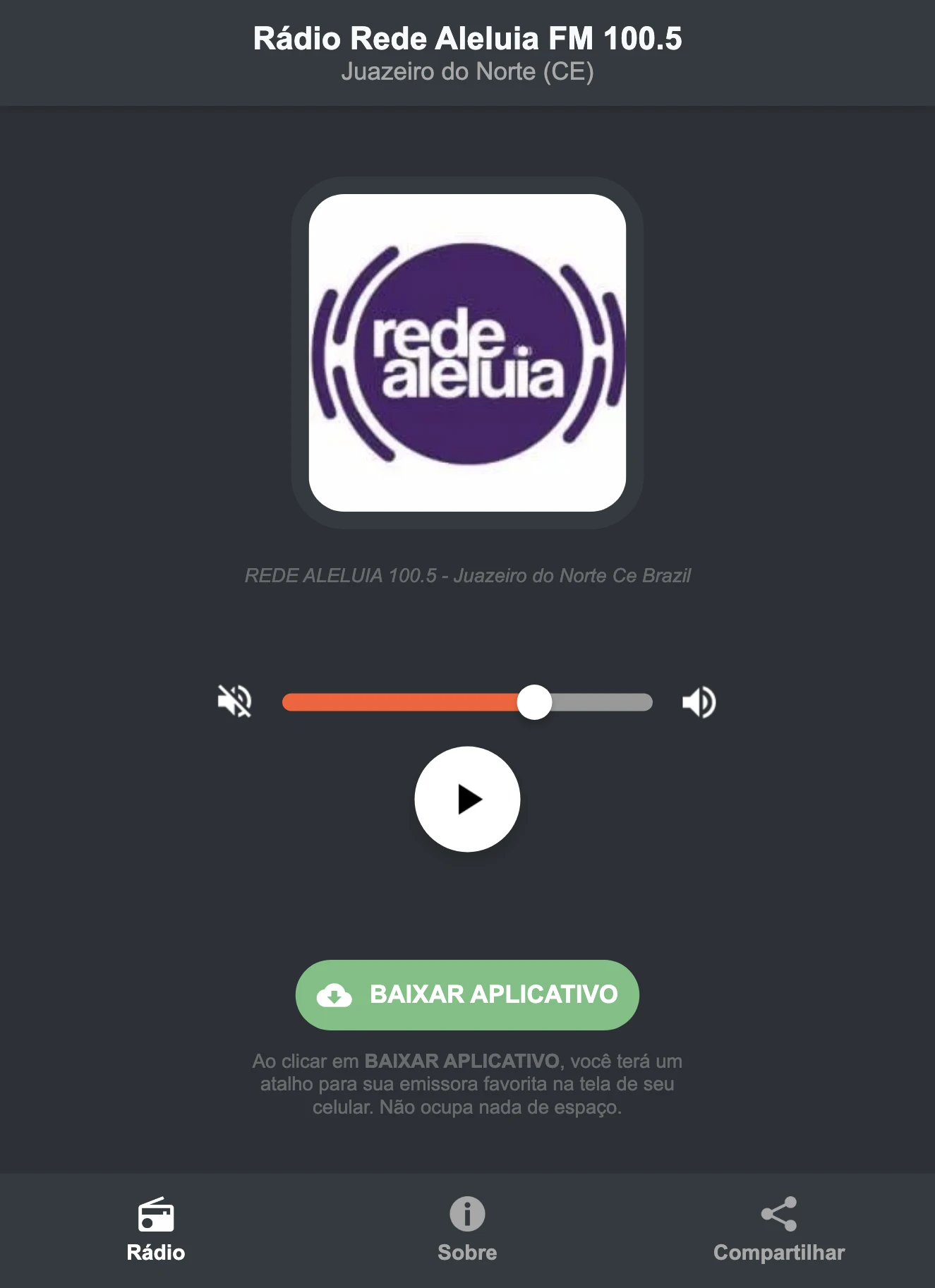 Screenshot do aplicativo da Rádio Rede Aleluia FM 100.5