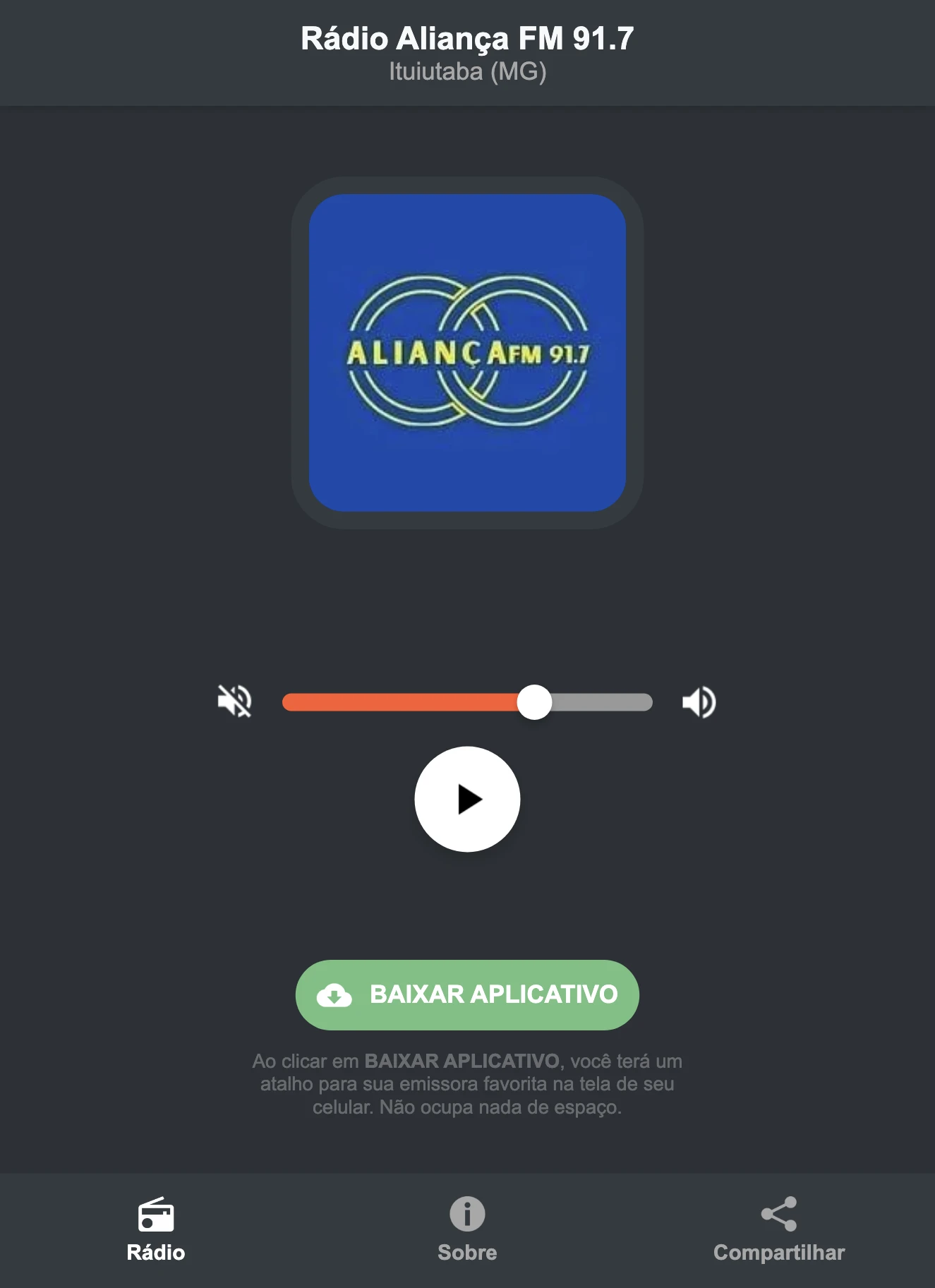 Screenshot do aplicativo da Rádio Aliança FM 91.7