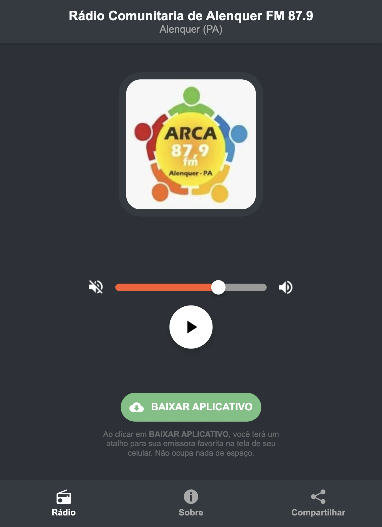 Screenshot do aplicativo da Rádio Comunitaria de Alenquer FM 87.9