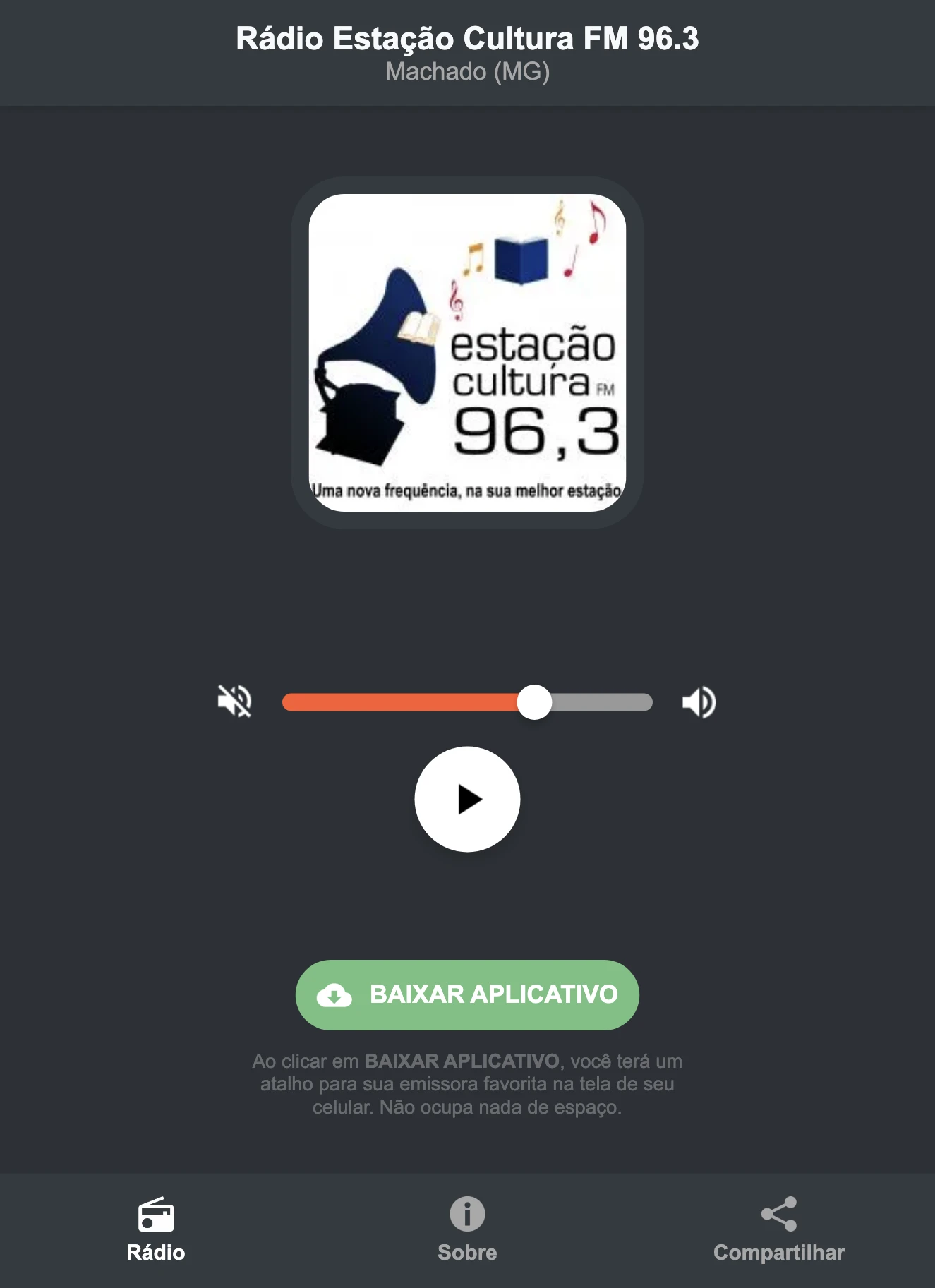 Screenshot do aplicativo da Rádio Estação Cultura FM 96.3