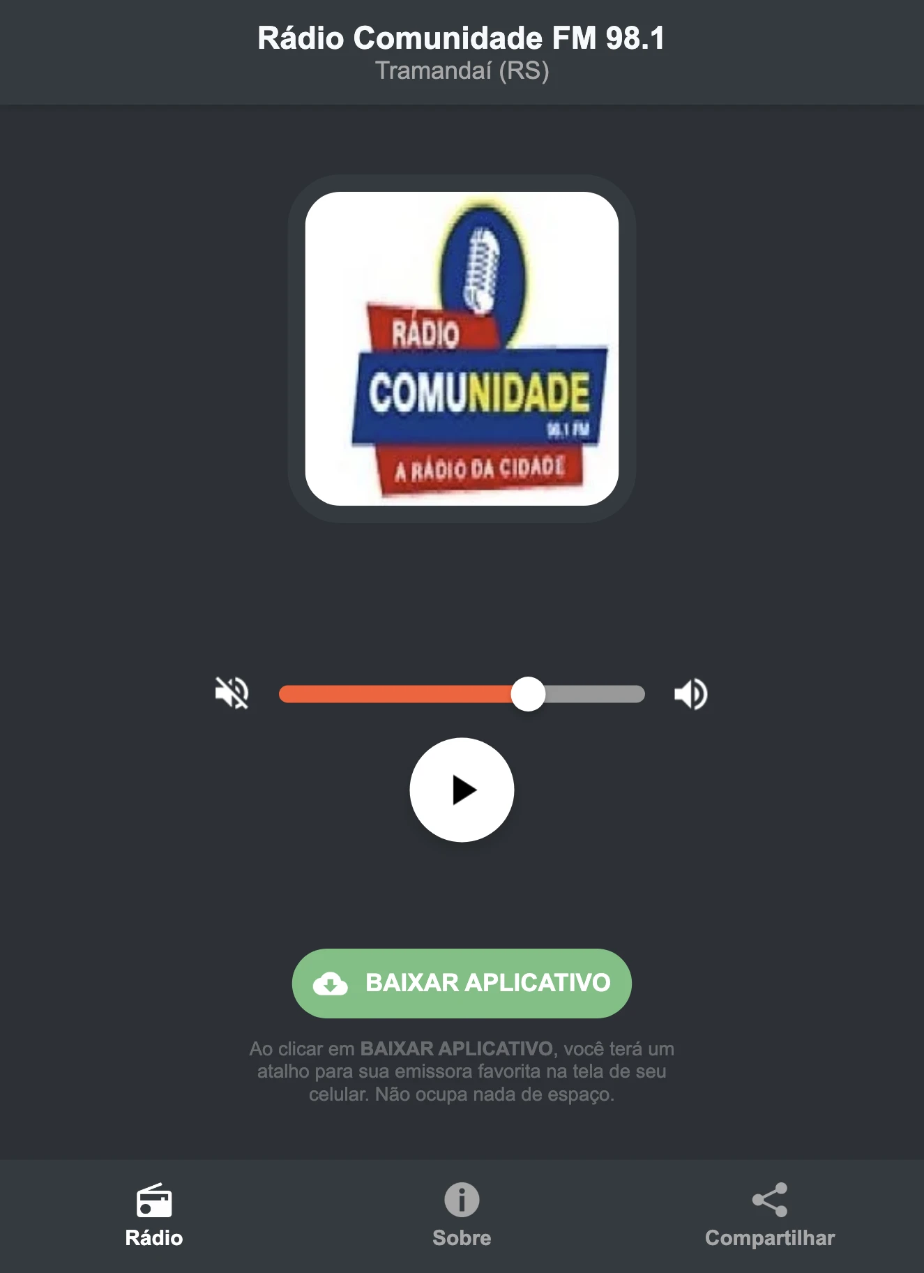 Screenshot do aplicativo da Rádio Comunidade FM 98.1