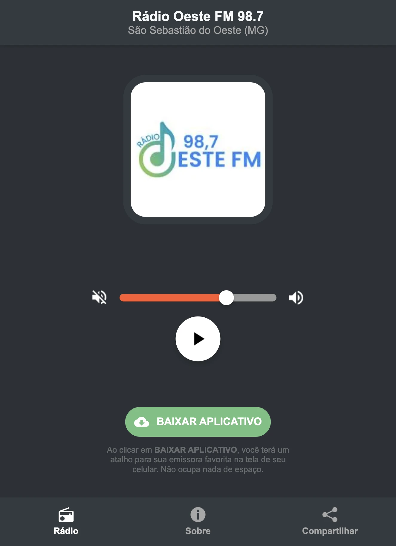 Screenshot do aplicativo da Rádio Oeste FM 98.7