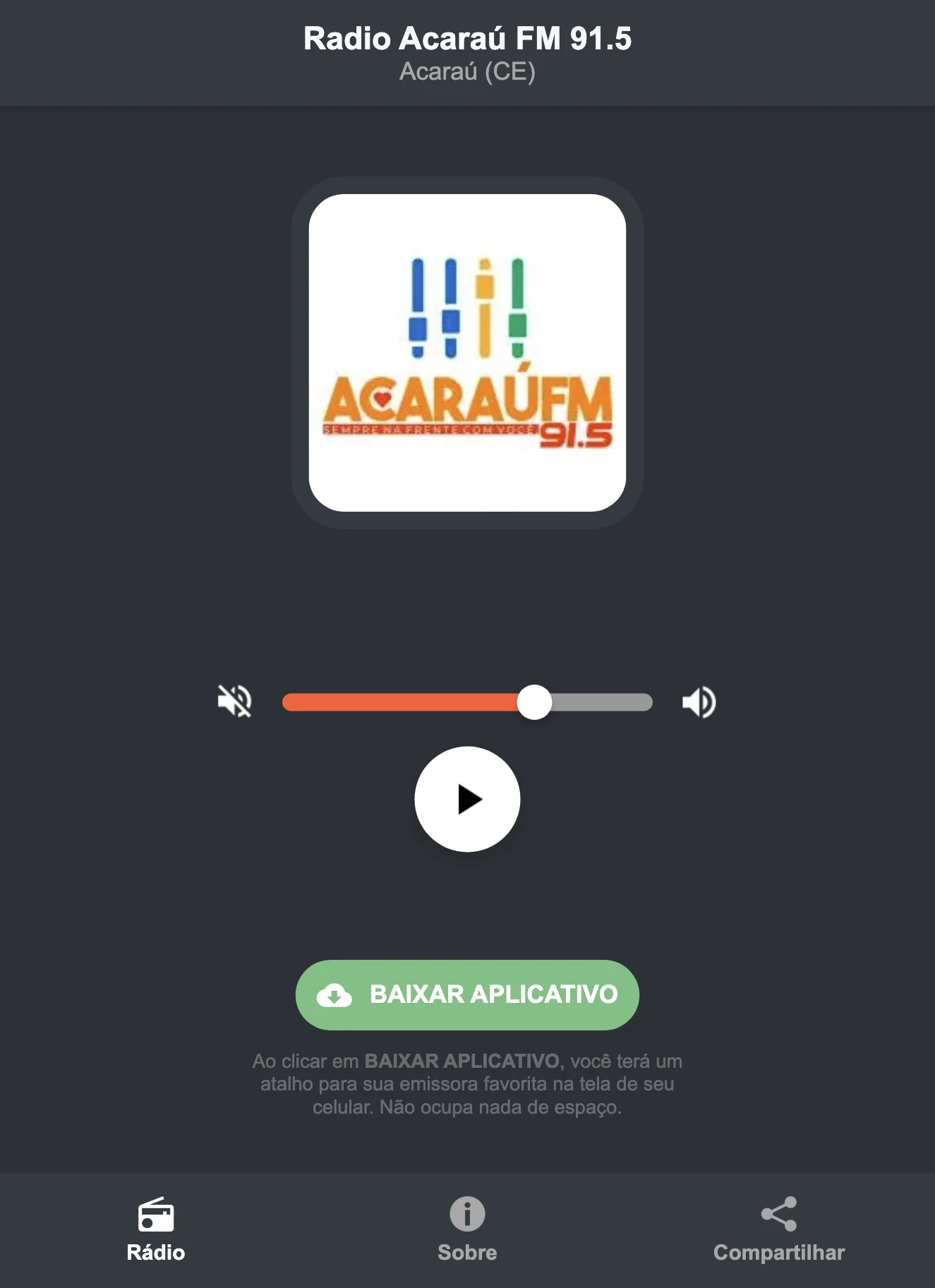 Screenshot do aplicativo da Radio Acaraú FM 91.5