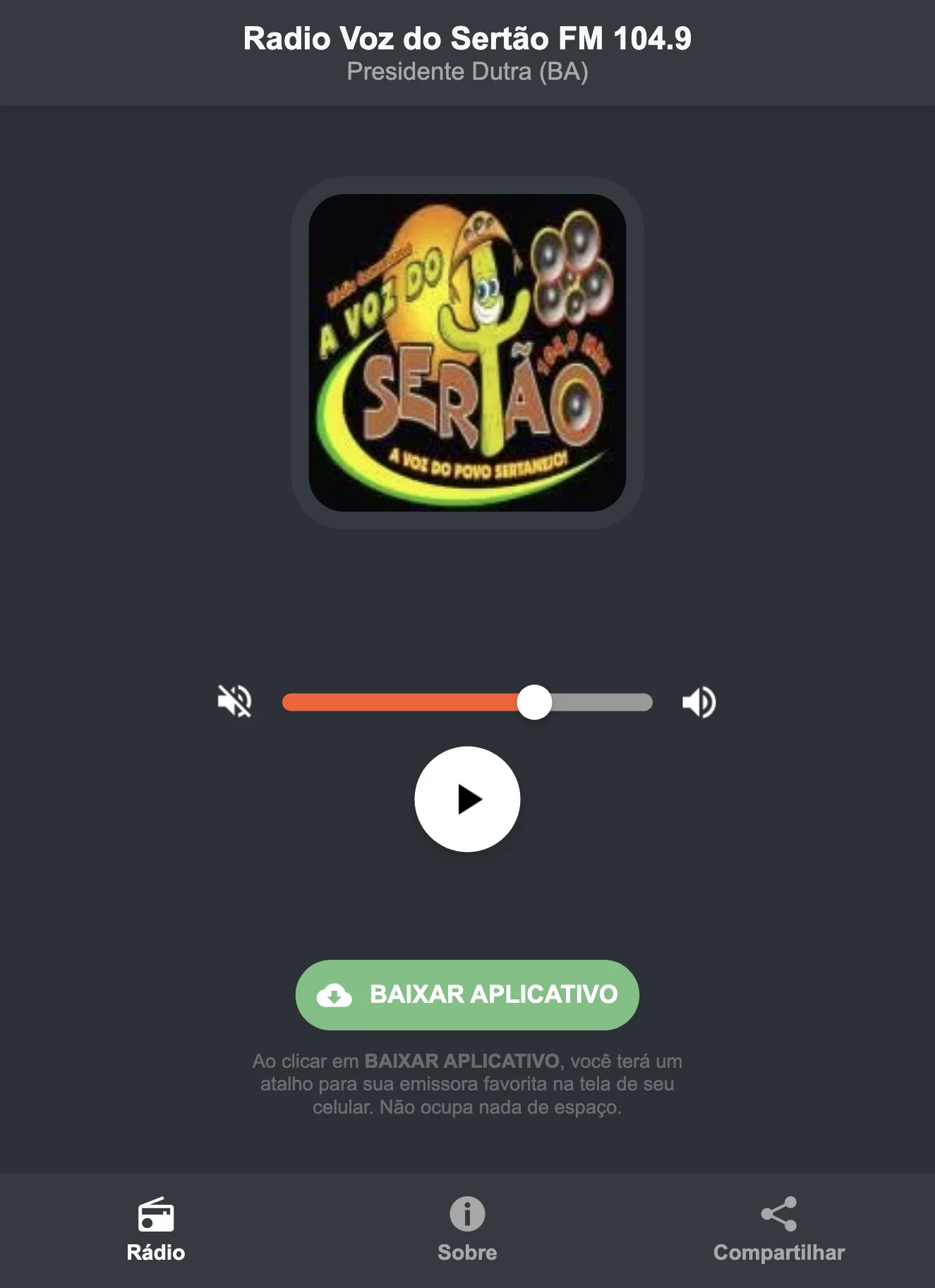 Screenshot do aplicativo da Radio Voz do Sertão FM 104.9