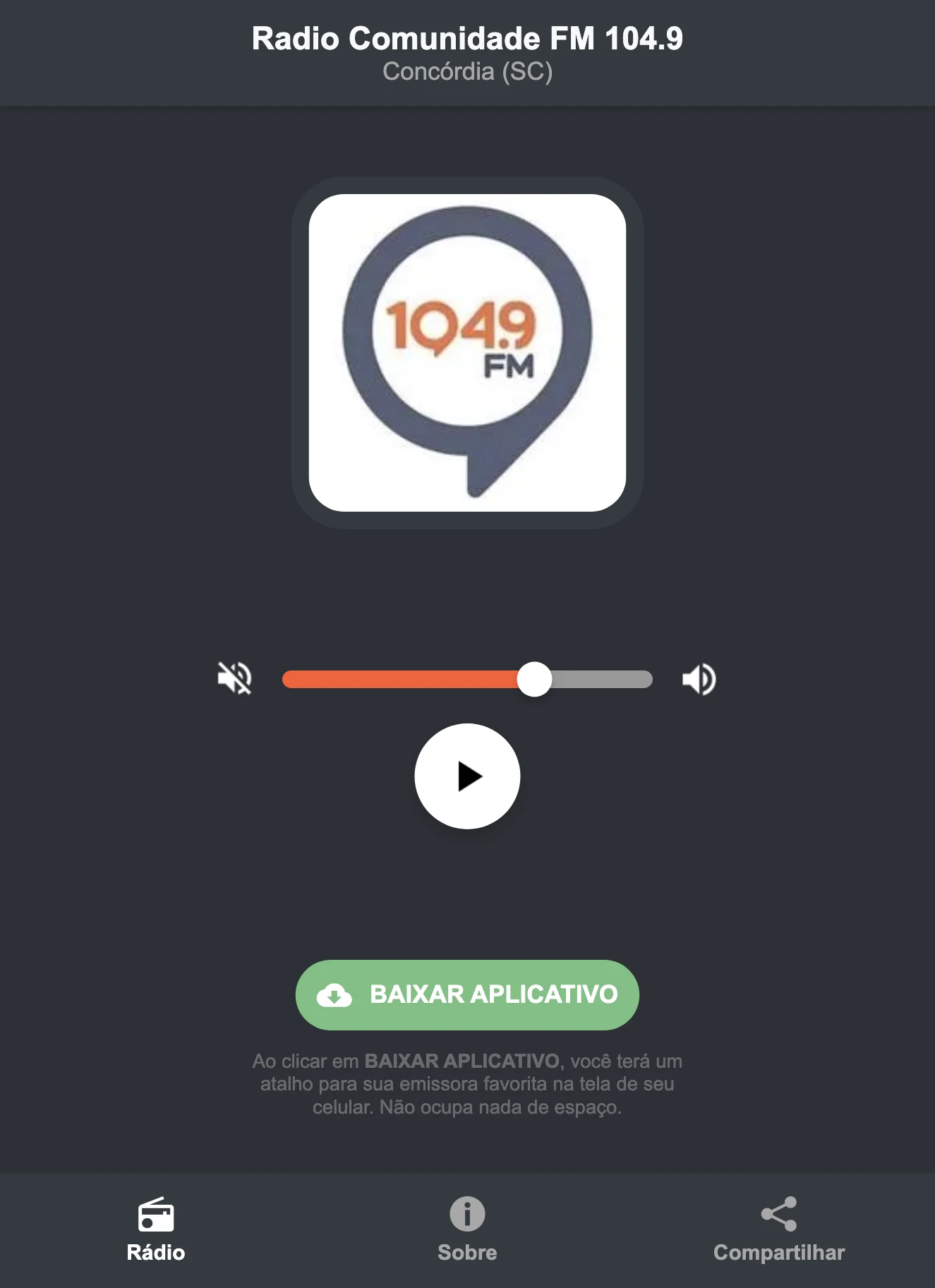 Screenshot do aplicativo da Radio Comunidade FM 104.9