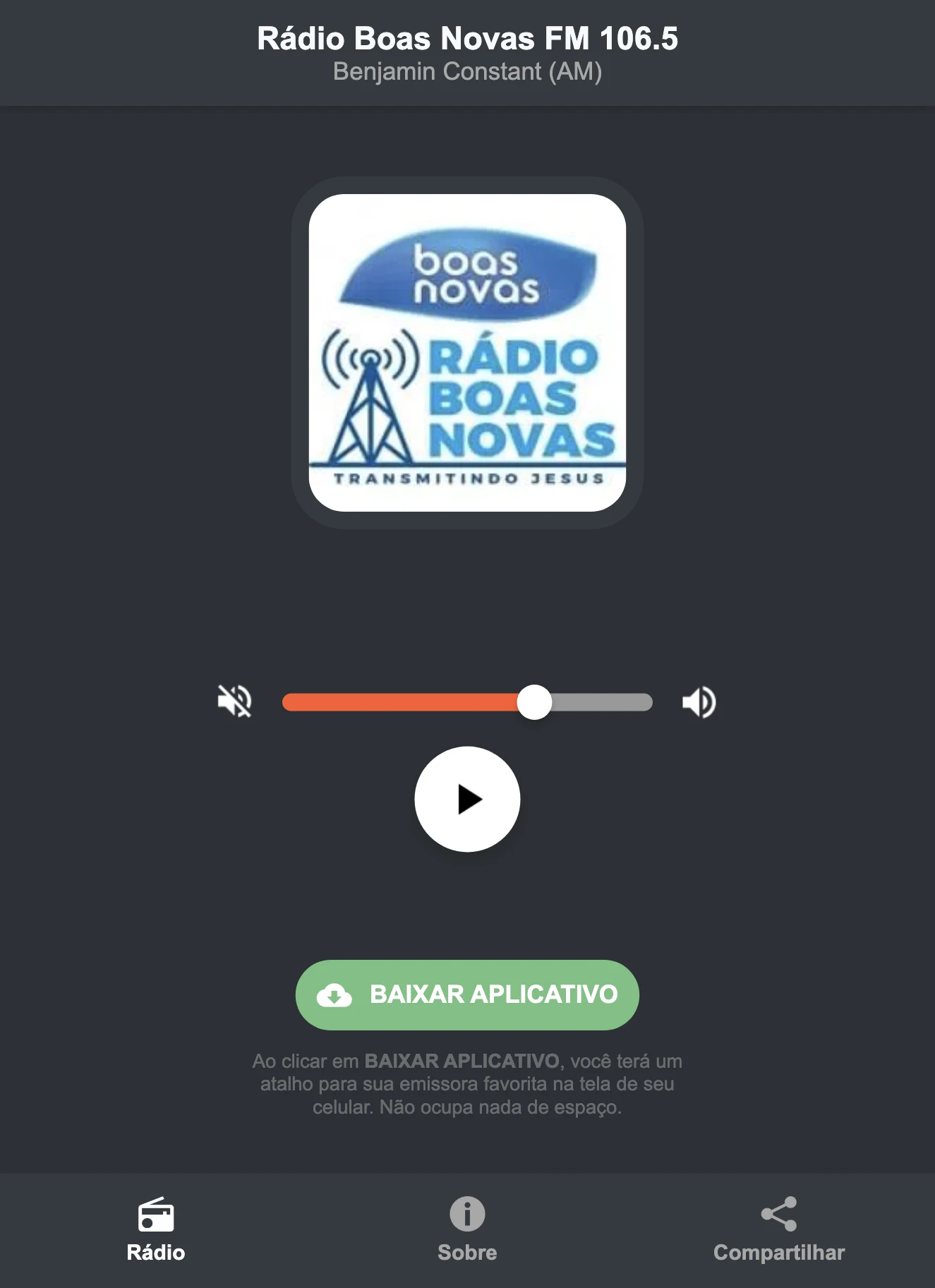 Screenshot do aplicativo da Rádio Boas Novas FM 106.5