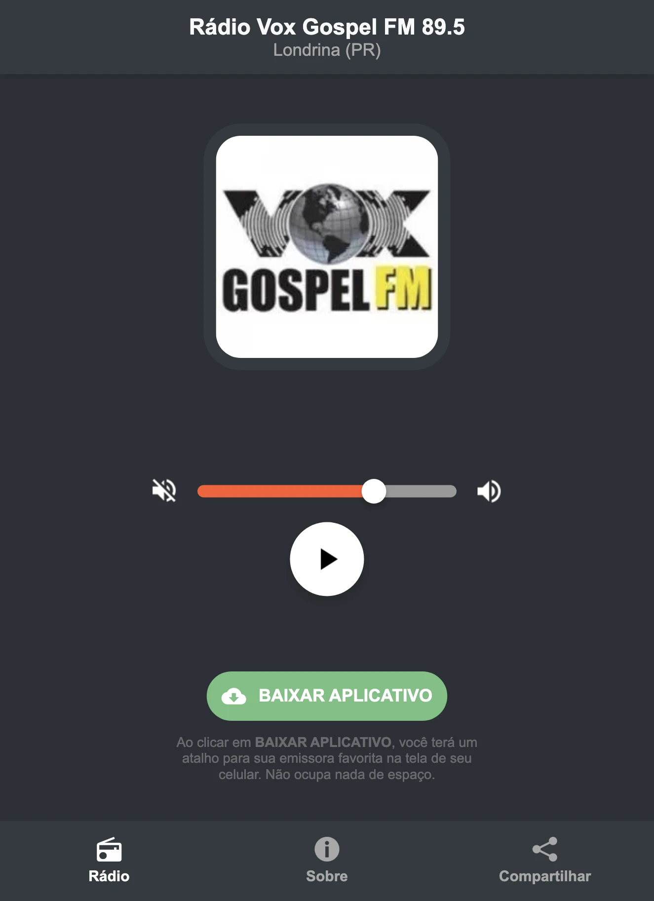 Screenshot do aplicativo da Rádio Vox Gospel FM 89.5