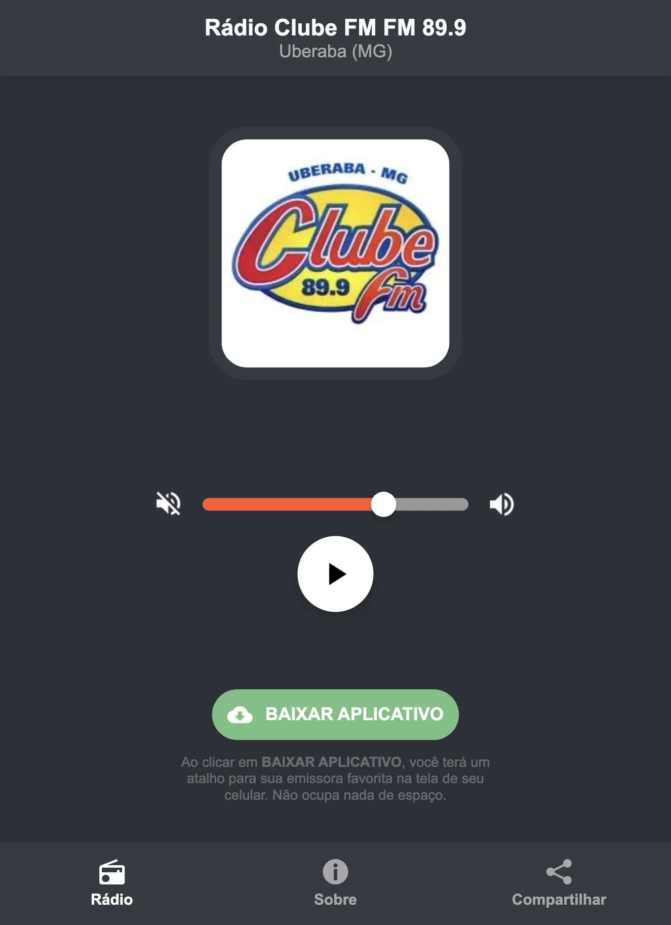 Screenshot do aplicativo da Rádio Clube FM FM 89.9