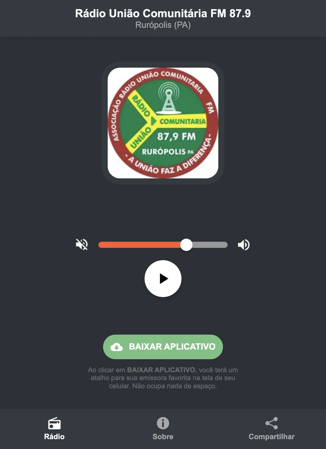 Screenshot do aplicativo da Rádio União Comunitária FM 87.9