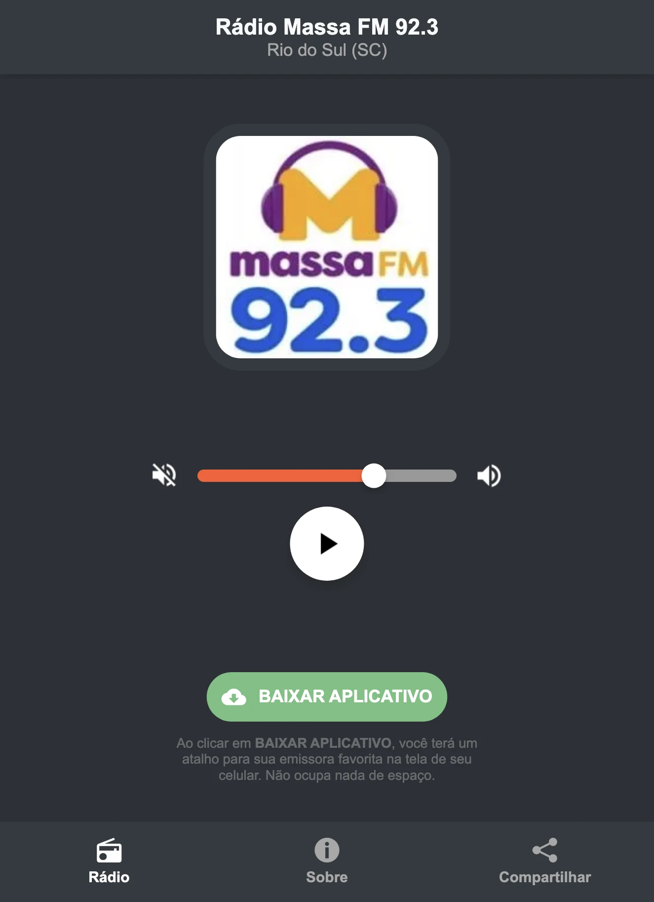 Screenshot do aplicativo da Rádio Massa FM 92.3