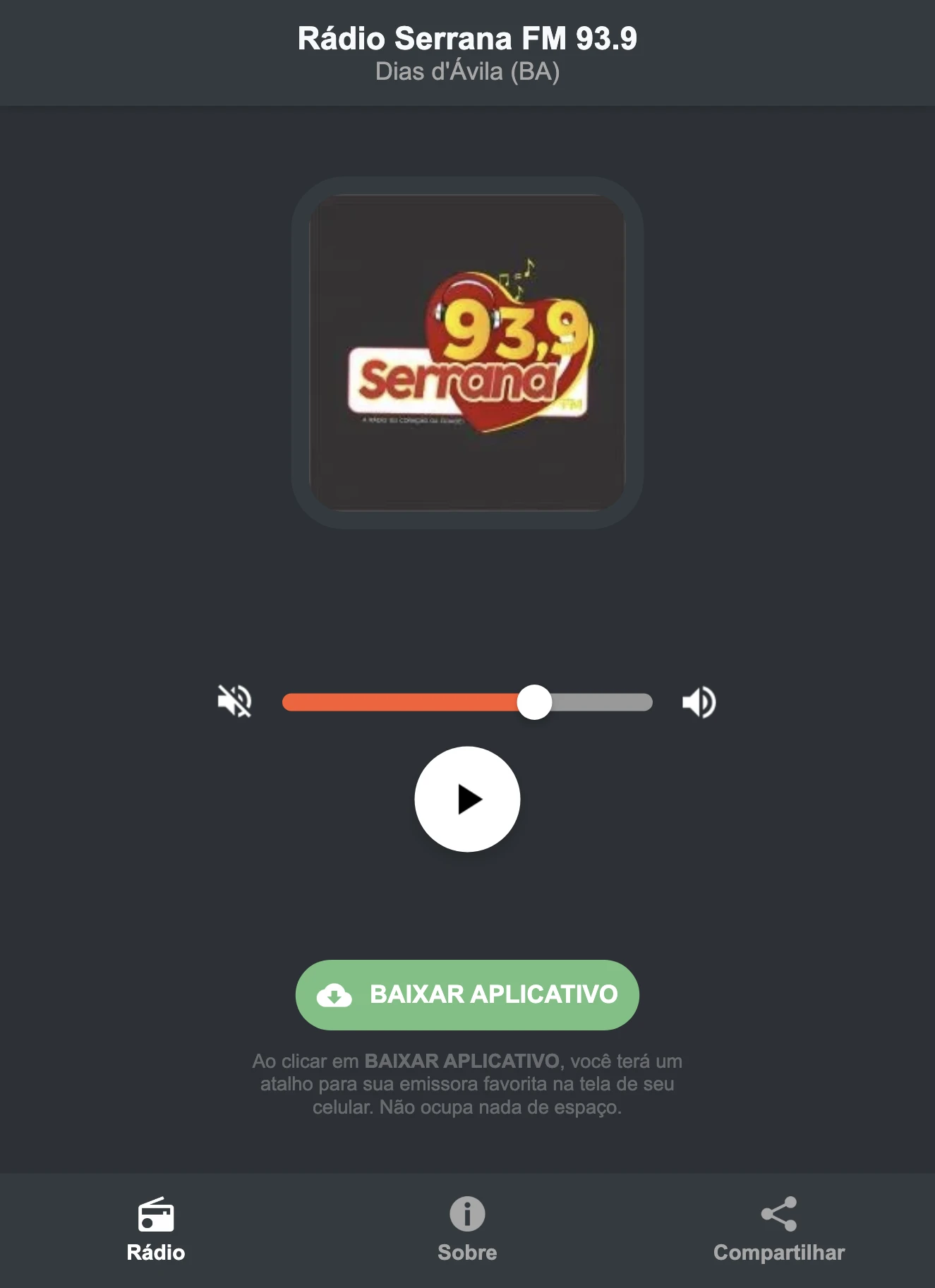 Screenshot do aplicativo da Rádio Serrana FM 93.9