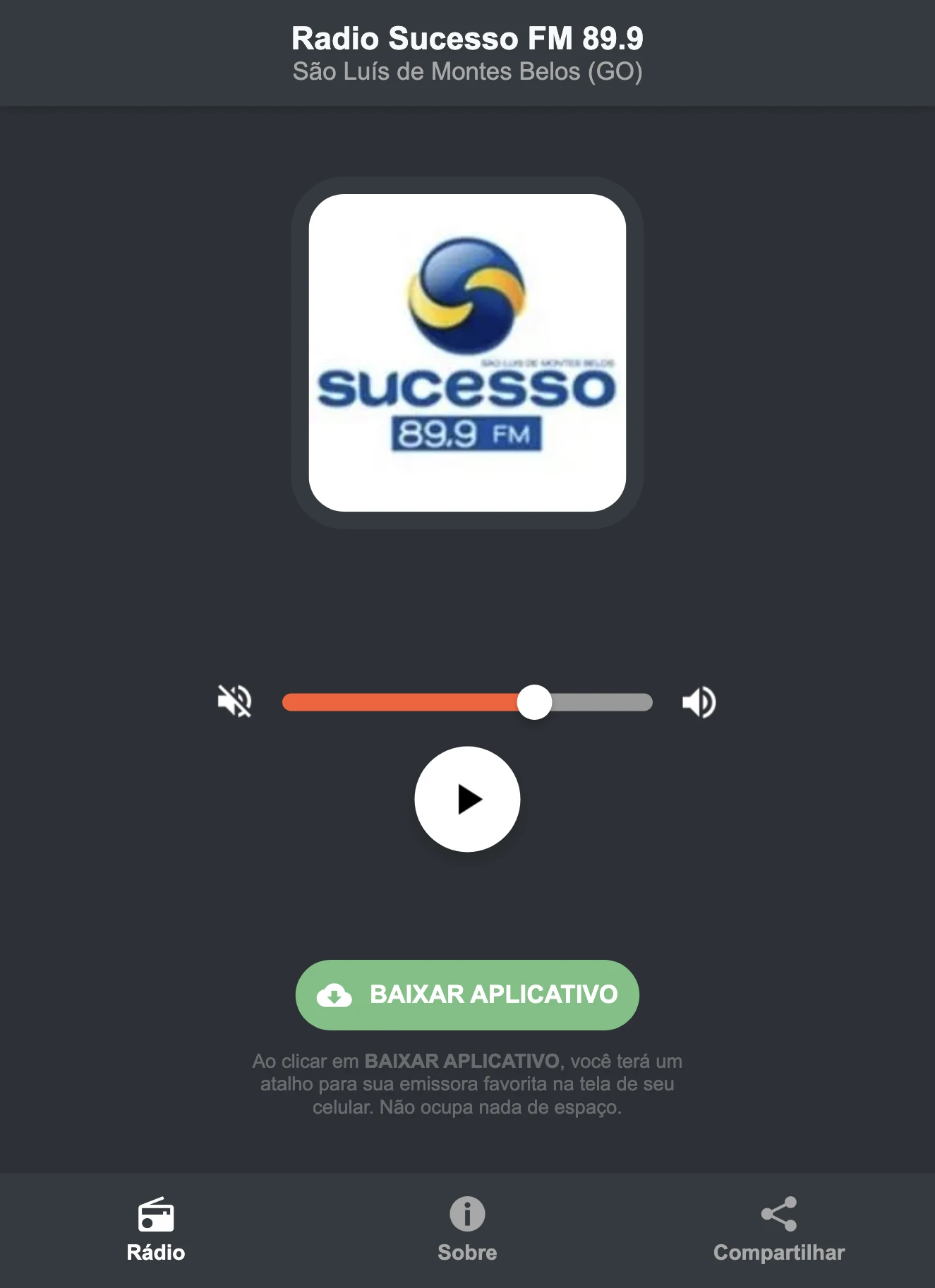 Screenshot do aplicativo da Radio Sucesso FM 89.9