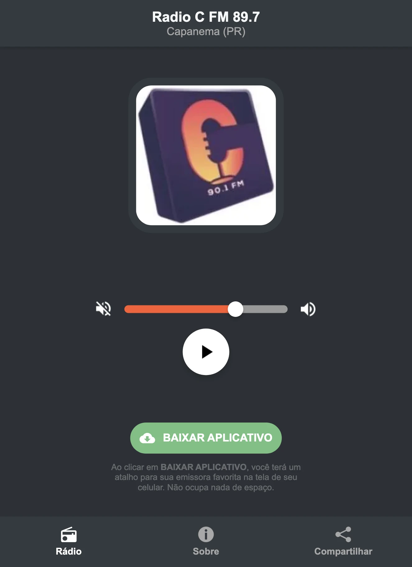 Screenshot do aplicativo da Radio C FM 89.7