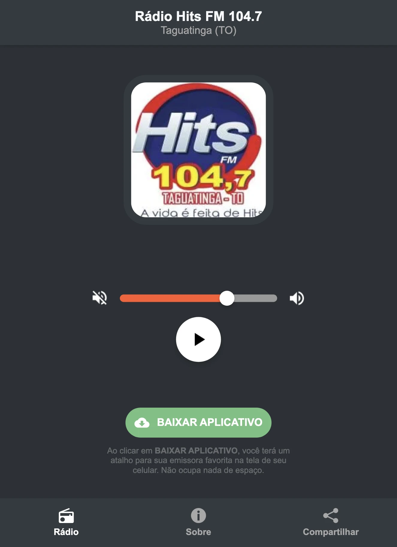 Screenshot do aplicativo da Rádio Hits FM 104.7