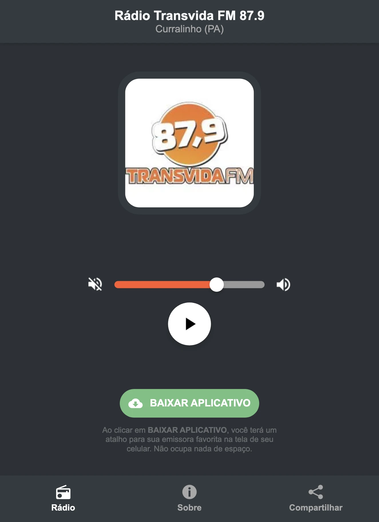 Screenshot do aplicativo da Rádio Transvida FM 87.9