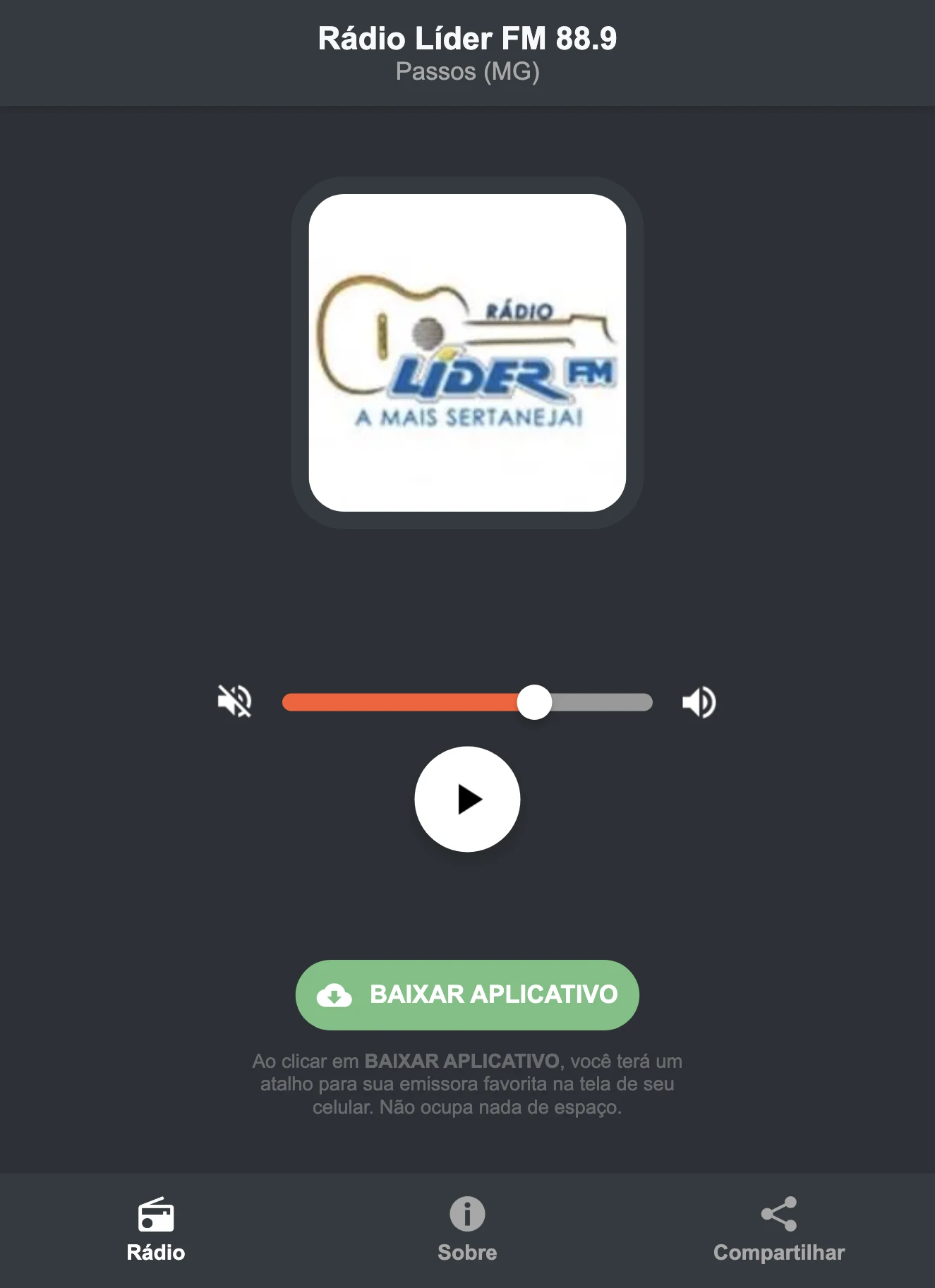 Screenshot do aplicativo da Rádio Líder FM 88.9