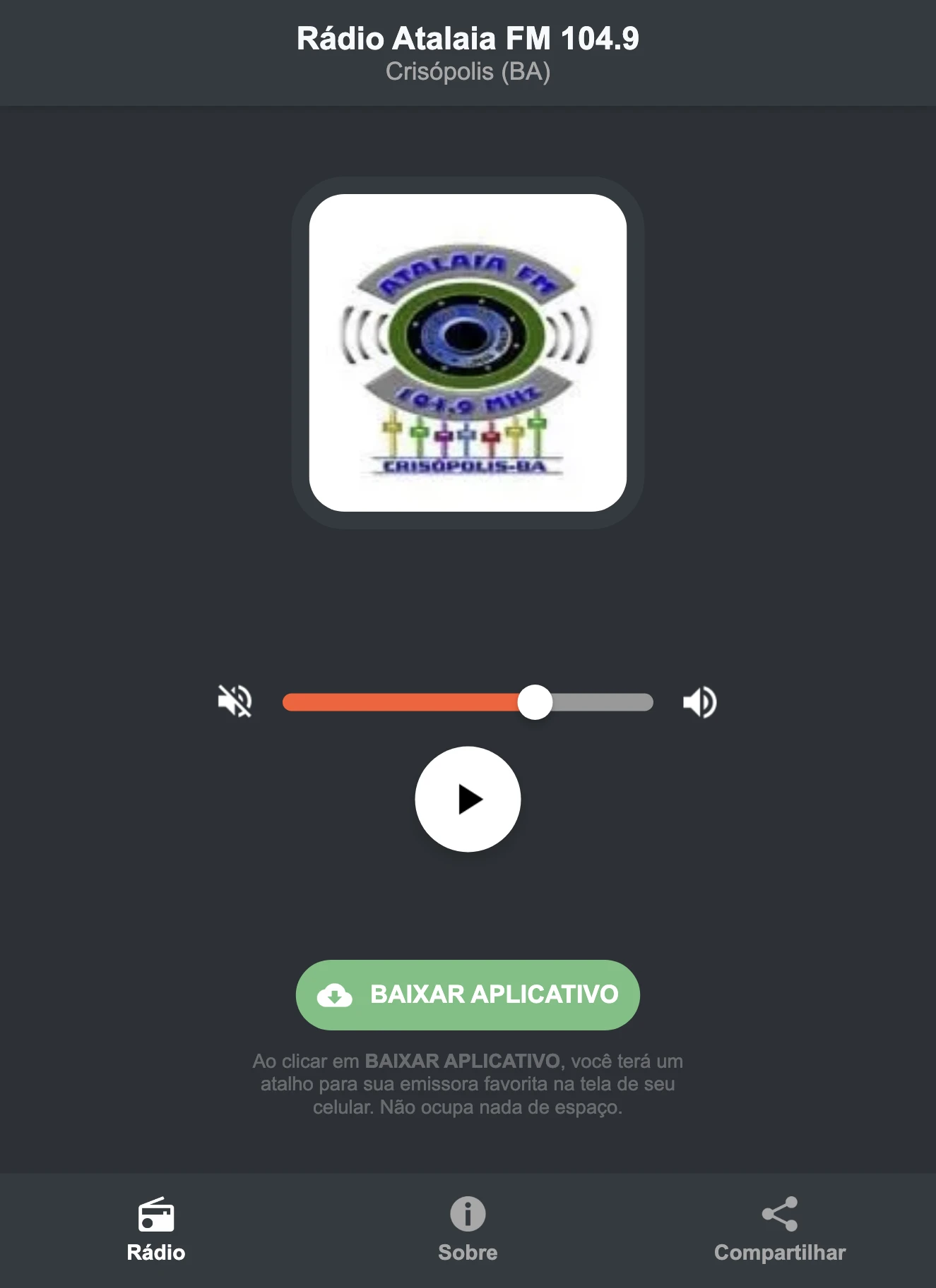 Screenshot do aplicativo da Rádio Atalaia FM 104.9