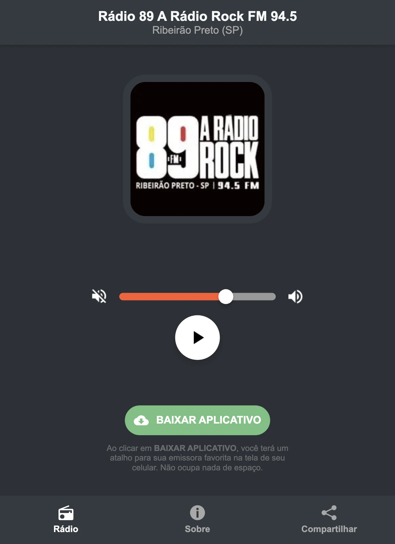 Screenshot do aplicativo da Rádio 89 A Rádio Rock FM 94.5