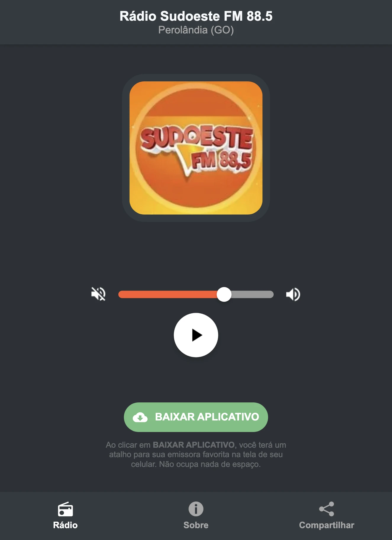 Screenshot do aplicativo da Rádio Sudoeste FM 88.5