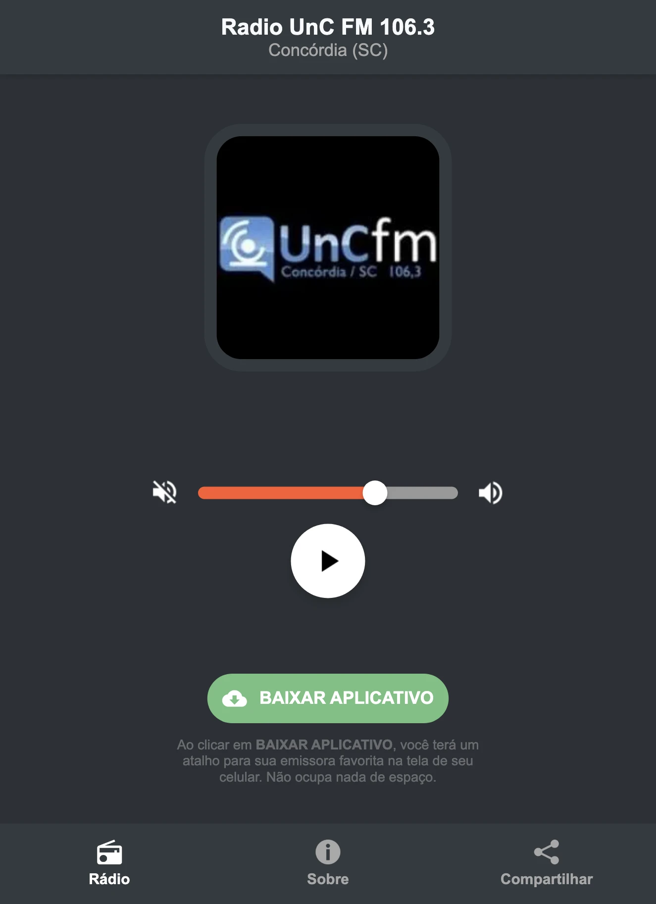 Screenshot do aplicativo da Radio UnC FM 106.3
