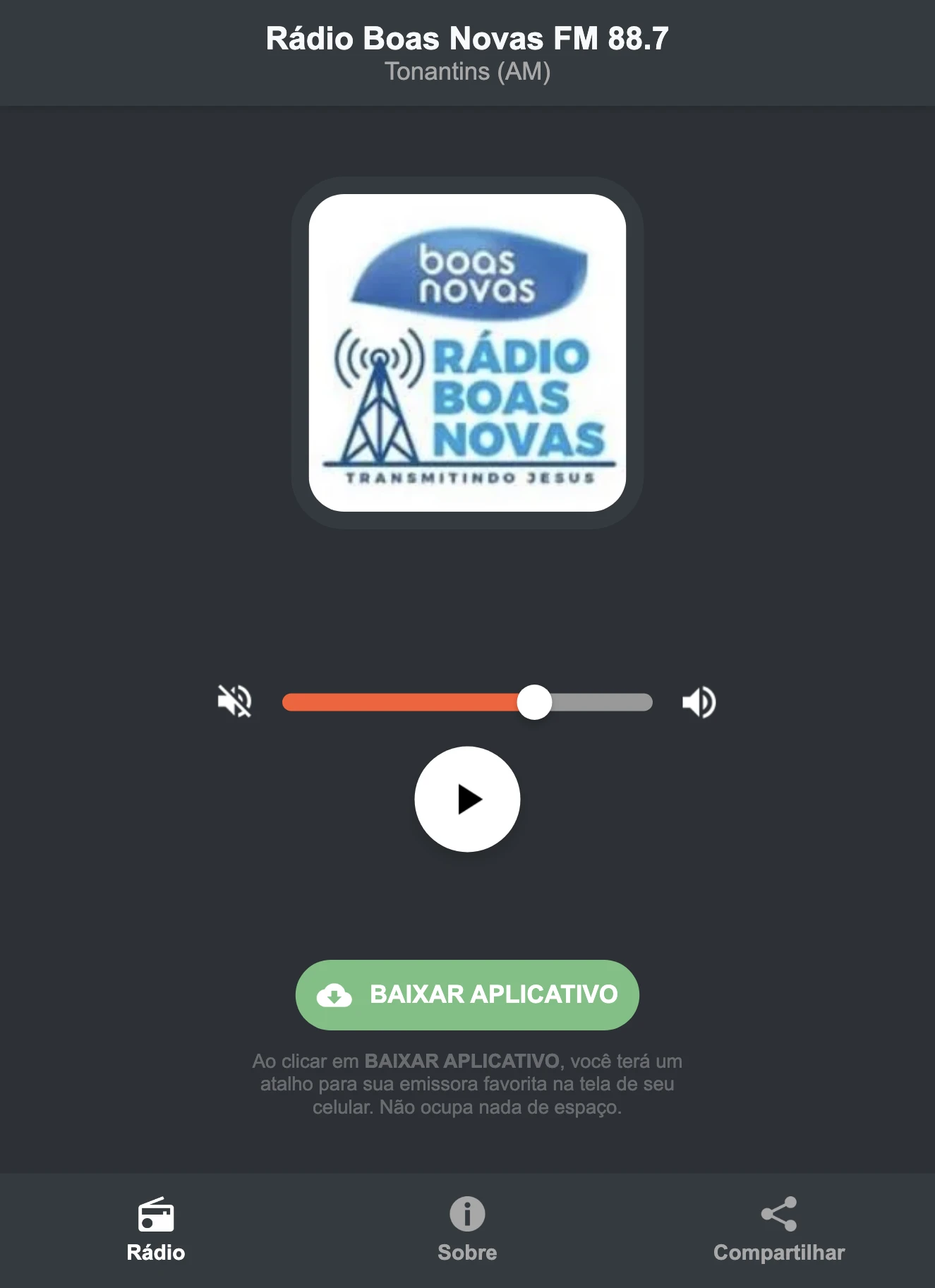 Screenshot do aplicativo da Rádio Boas Novas FM 88.7