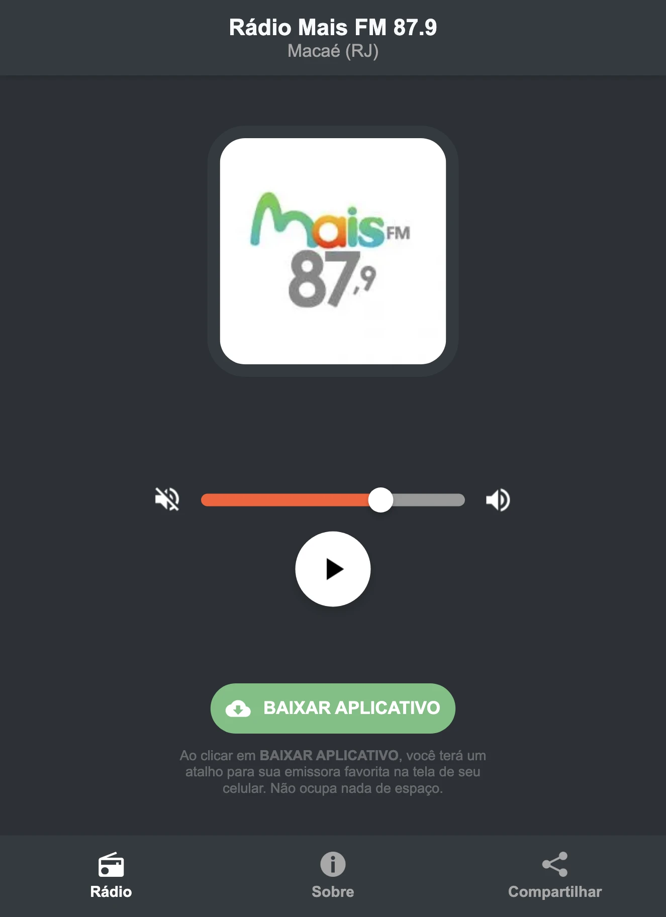 Screenshot do aplicativo da Rádio Mais FM 87.9