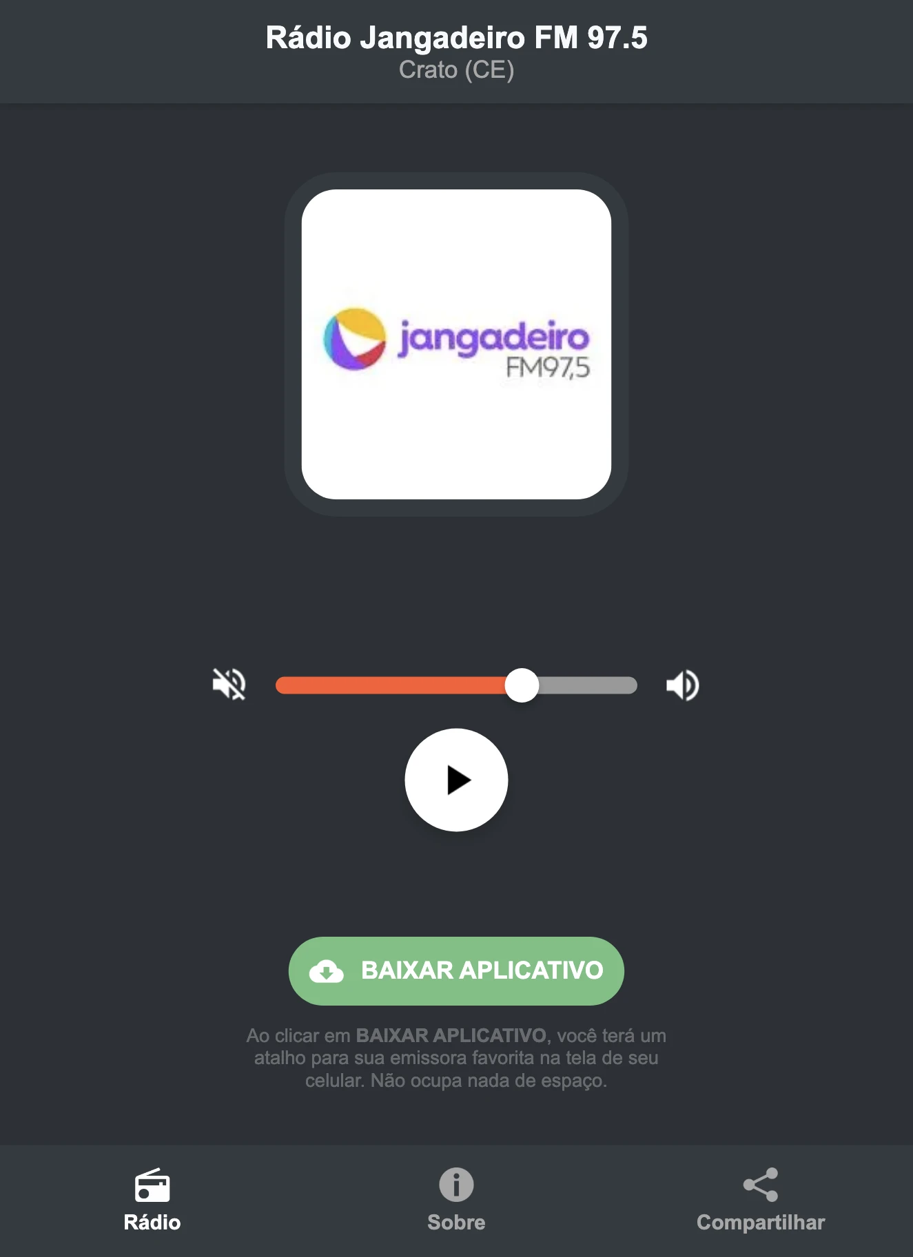Screenshot do aplicativo da Rádio Jangadeiro FM 97.5
