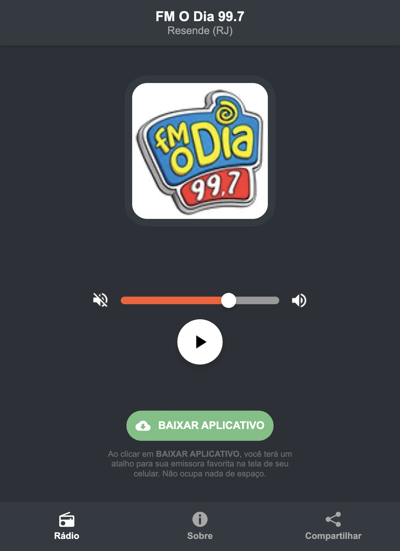 Screenshot do aplicativo da FM O Dia 99.7