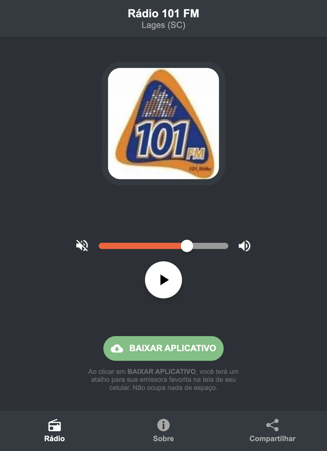 Screenshot do aplicativo da Rádio 101 FM