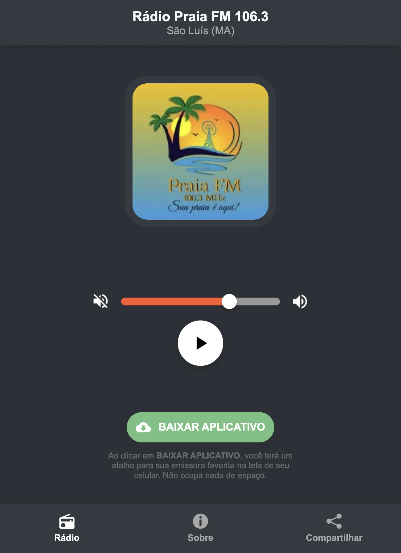Screenshot do aplicativo da Rádio Praia FM 106.3